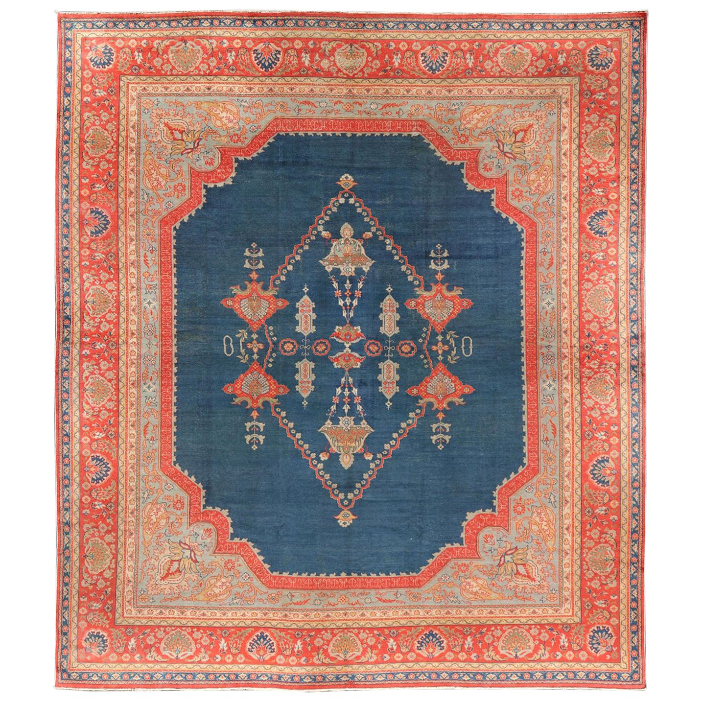 Large Antique Turkish Oushak Rug in Blue and Red with Ornate Medallion Design For Sale
