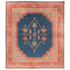 Large Antique Turkish Oushak Rug in Blue and Red with Ornate Medallion Design