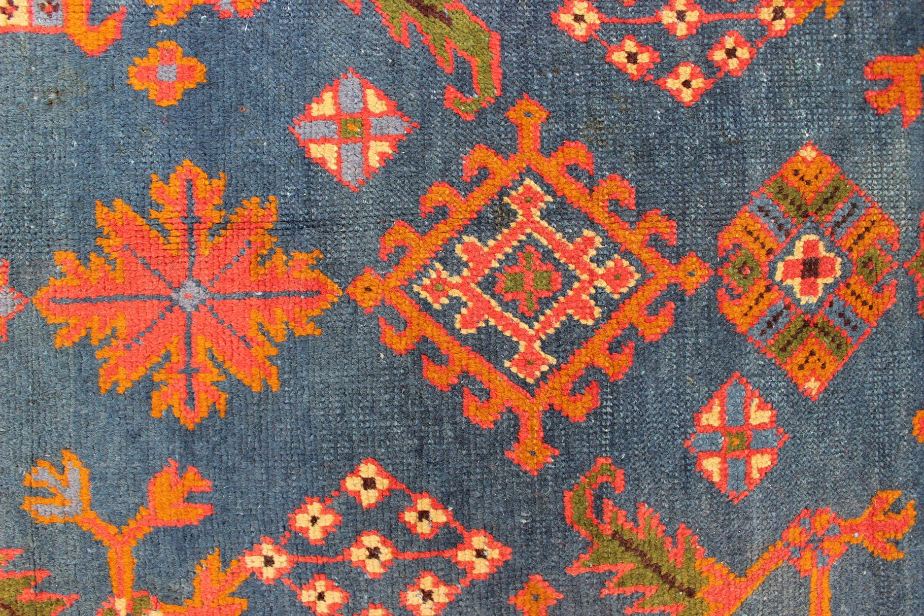 Antique Turkish Oushak Rug in Vibrant Blue, Red, Green with All-Over Design For Sale 5