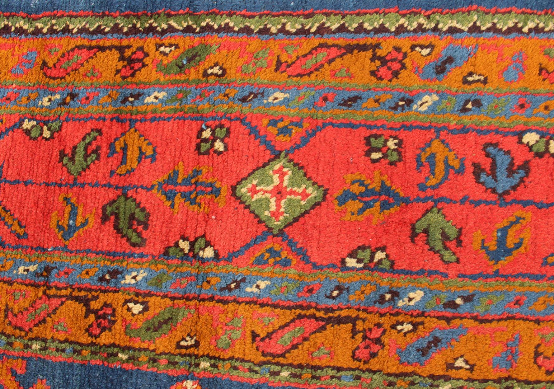 Antique Turkish Oushak Rug in Vibrant Blue, Red, Green with All-Over Design For Sale 7
