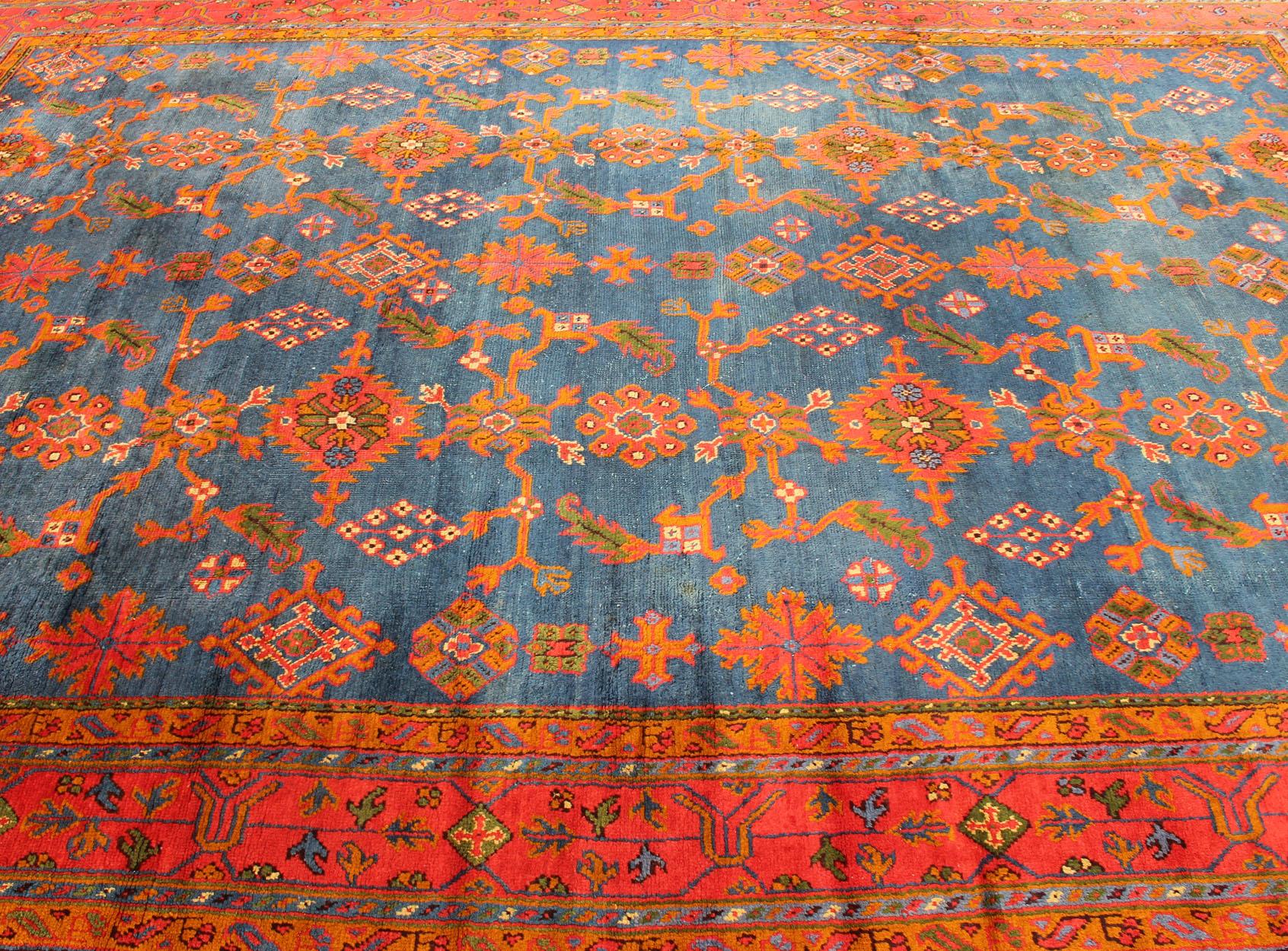 Antique Turkish Oushak Rug in Vibrant Blue, Red, Green with All-Over Design For Sale 12