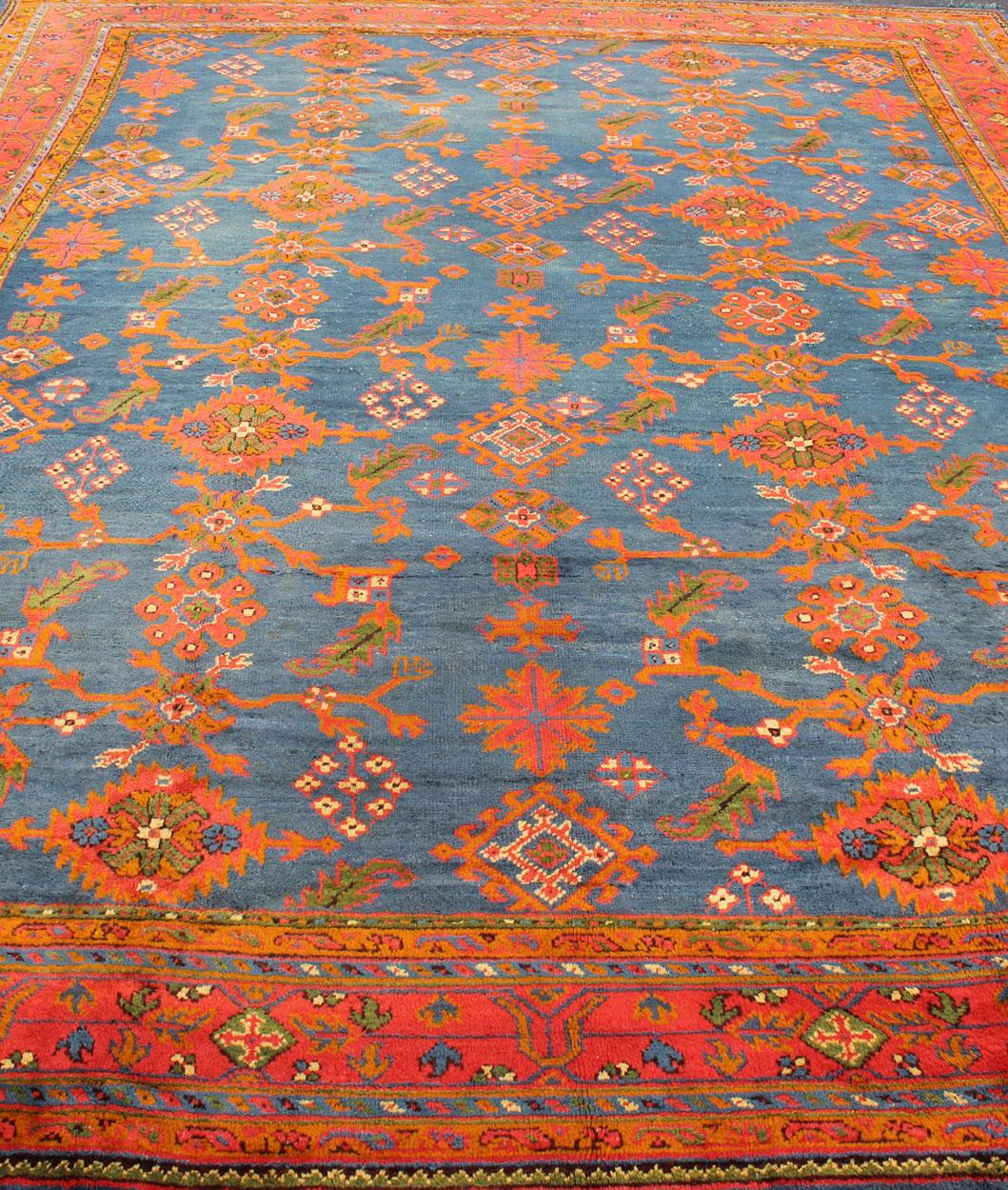 Antique Turkish Oushak Rug in Vibrant Blue, Red, Green with All-Over Design For Sale 13