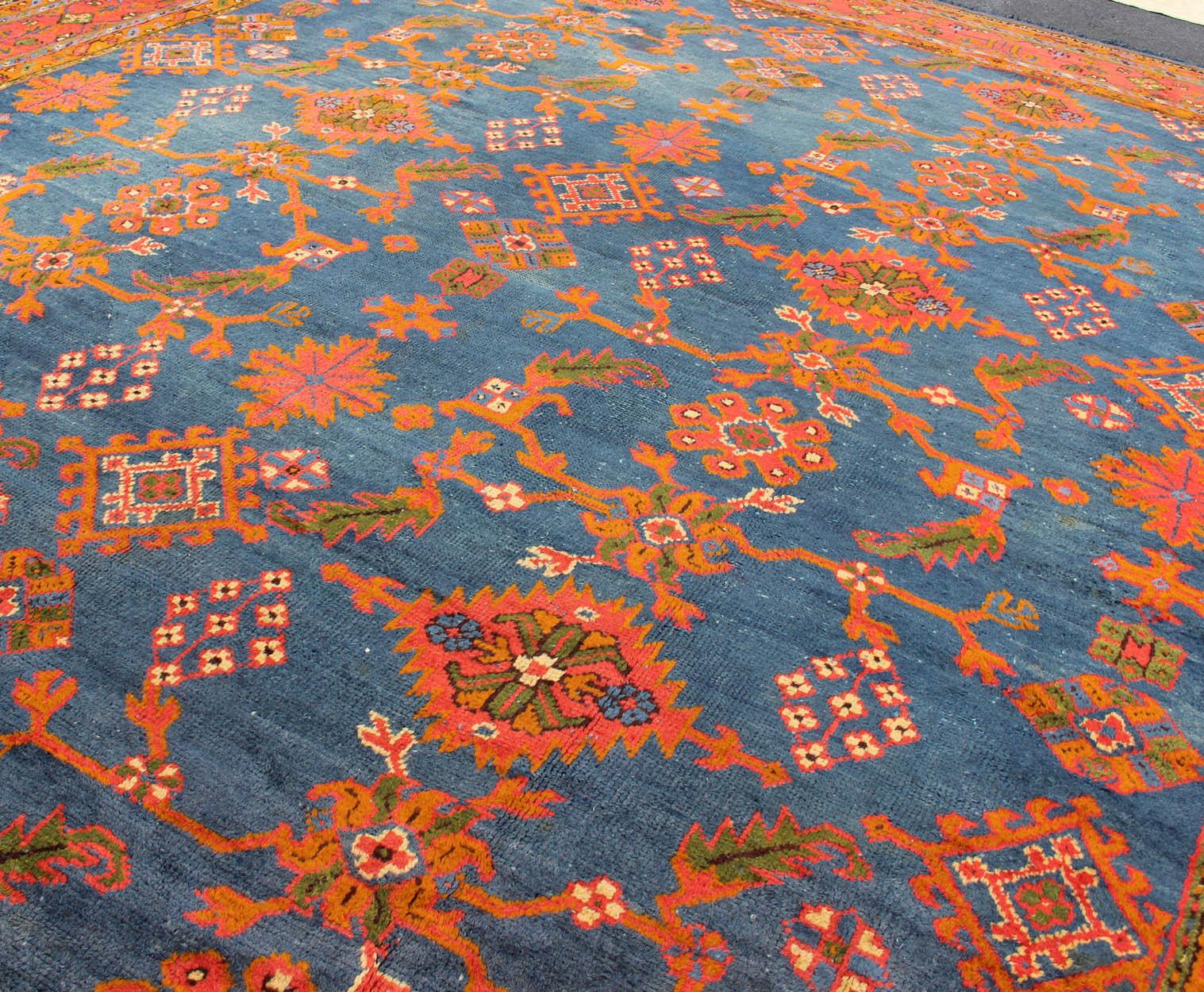 Antique Turkish Oushak Rug in Vibrant Blue, Red, Green with All-Over Design For Sale 14