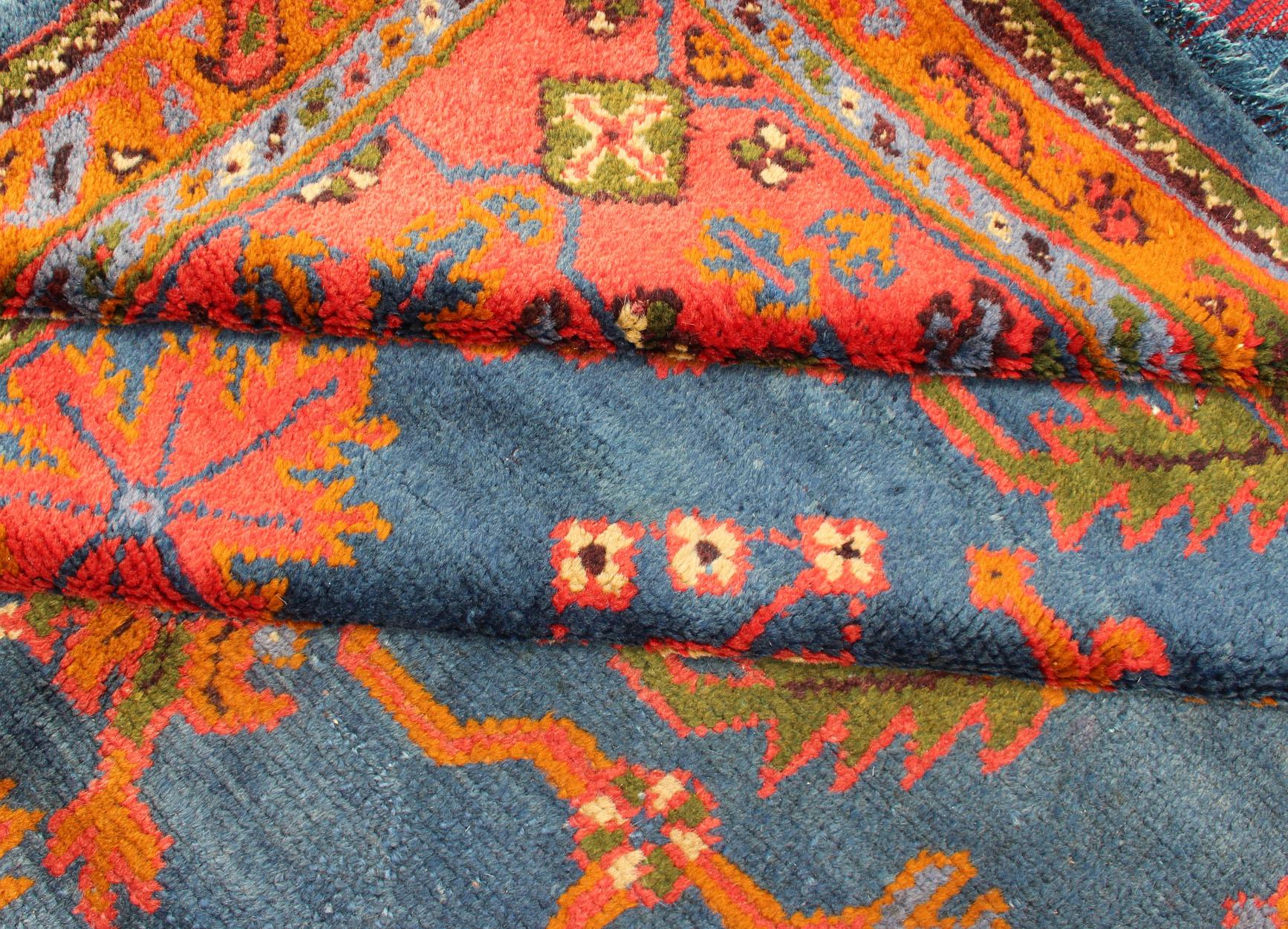 Antique Turkish Oushak Rug in Vibrant Blue, Red, Green with All-Over Design For Sale 1