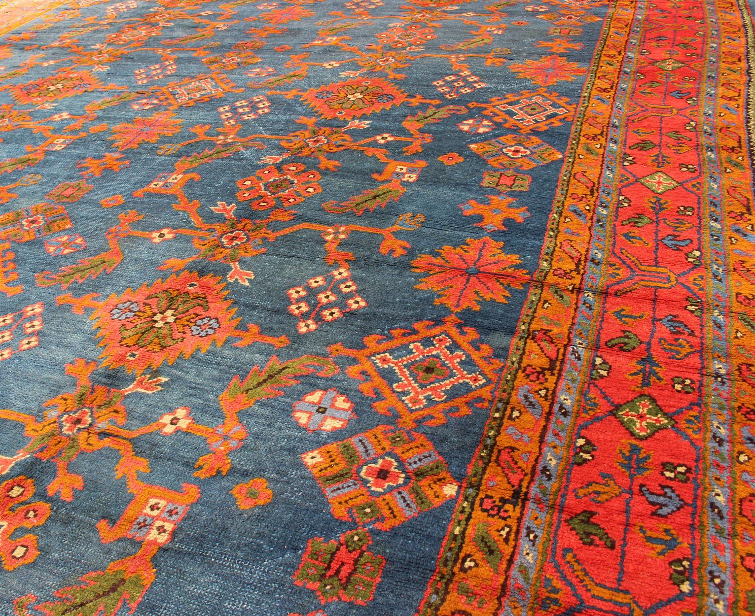 Antique Turkish Oushak Rug in Vibrant Blue, Red, Green with All-Over Design For Sale 2