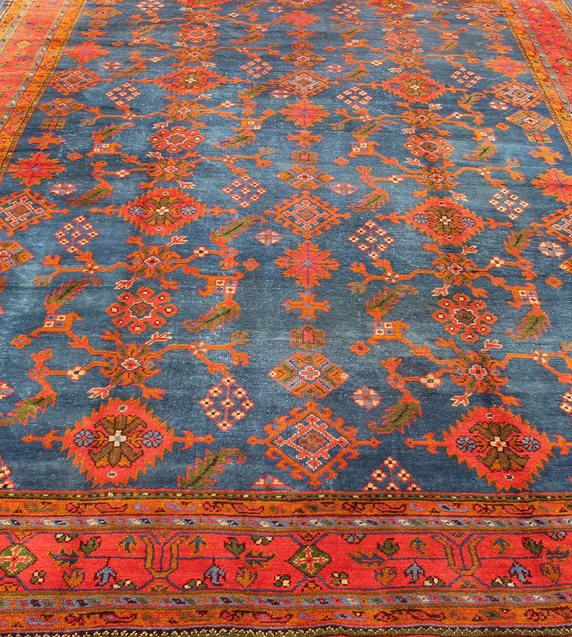 Antique Turkish Oushak Rug in Vibrant Blue, Red, Green with All-Over Design For Sale 3