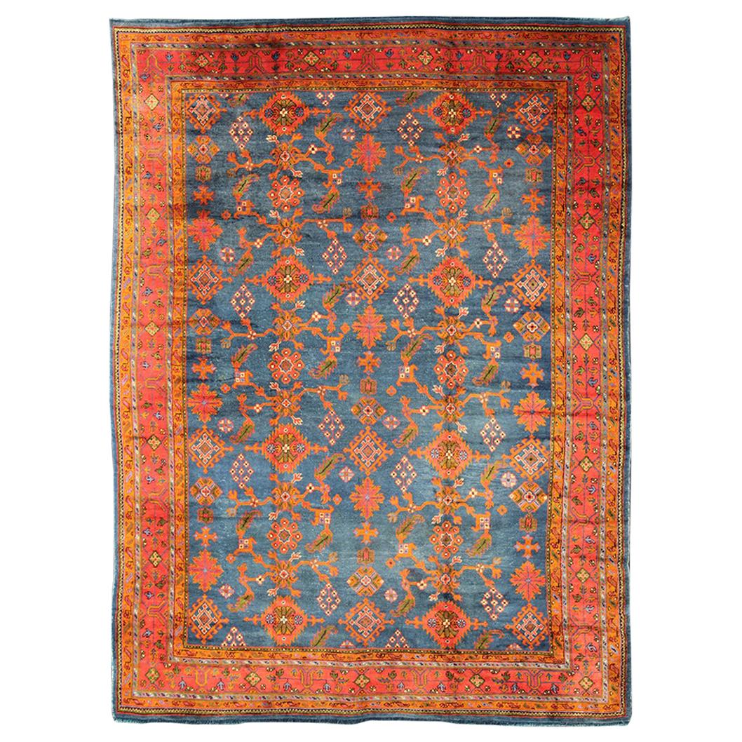 Antique Turkish Oushak Rug in Vibrant Blue, Red, Green with All-Over Design