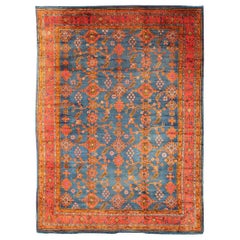 Antique Turkish Oushak Rug in Vibrant Blue, Red, Green with All-Over Design