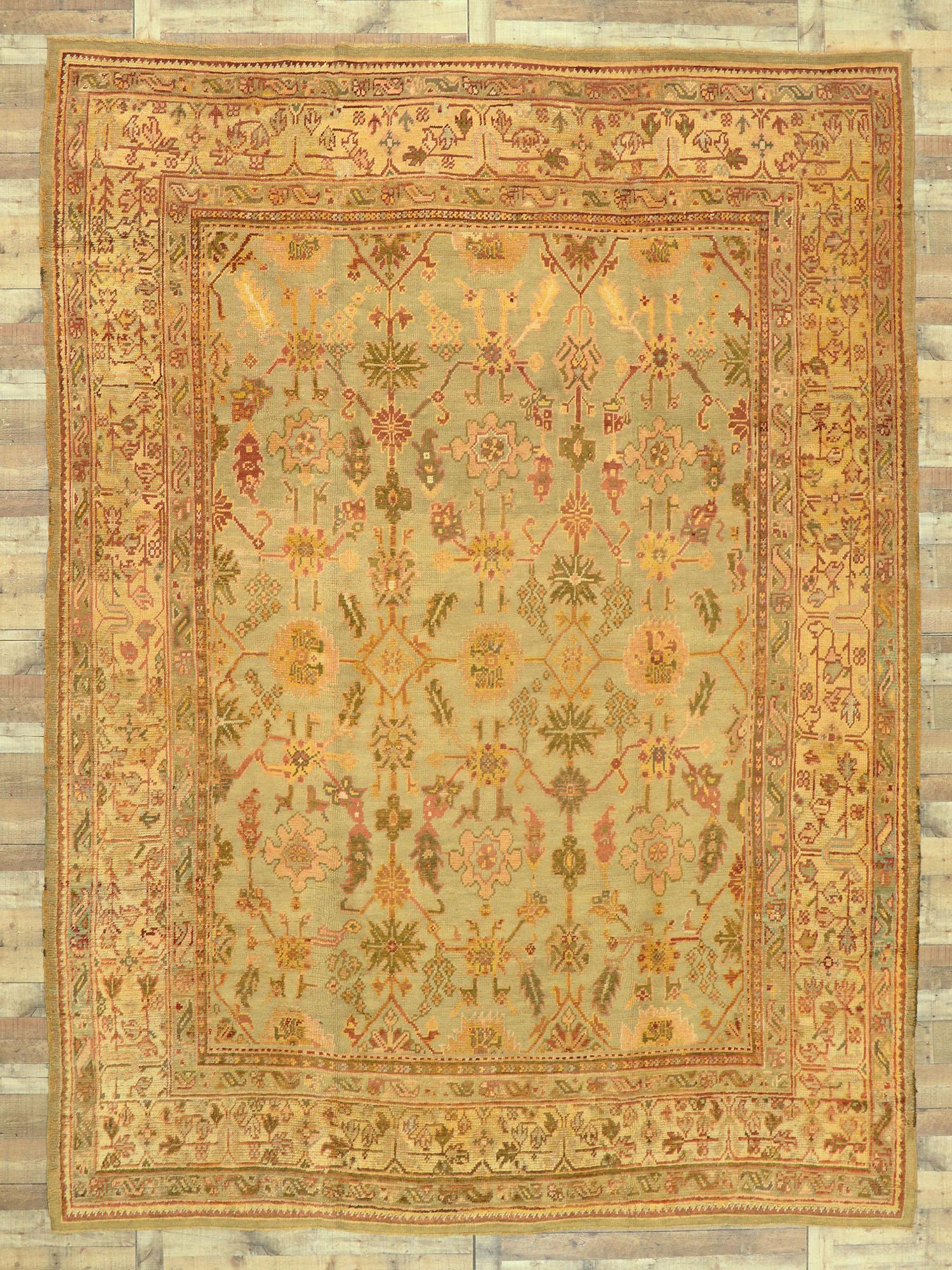 Antique Turkish Oushak Rug, Italian Nonna Chic Meets Electic Elegance For Sale 4