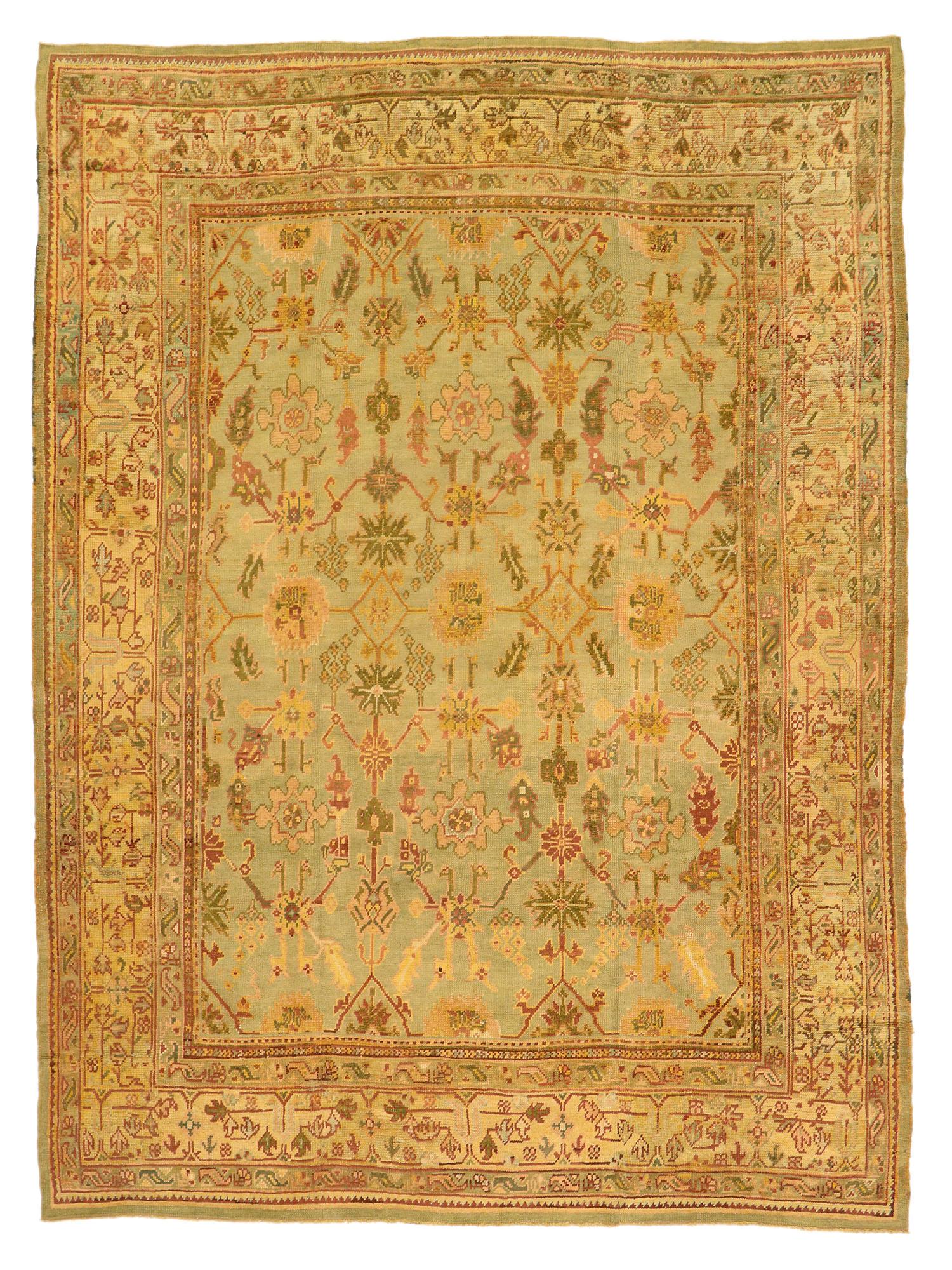 Antique Turkish Oushak Rug, Italian Nonna Chic Meets Electic Elegance For Sale 5