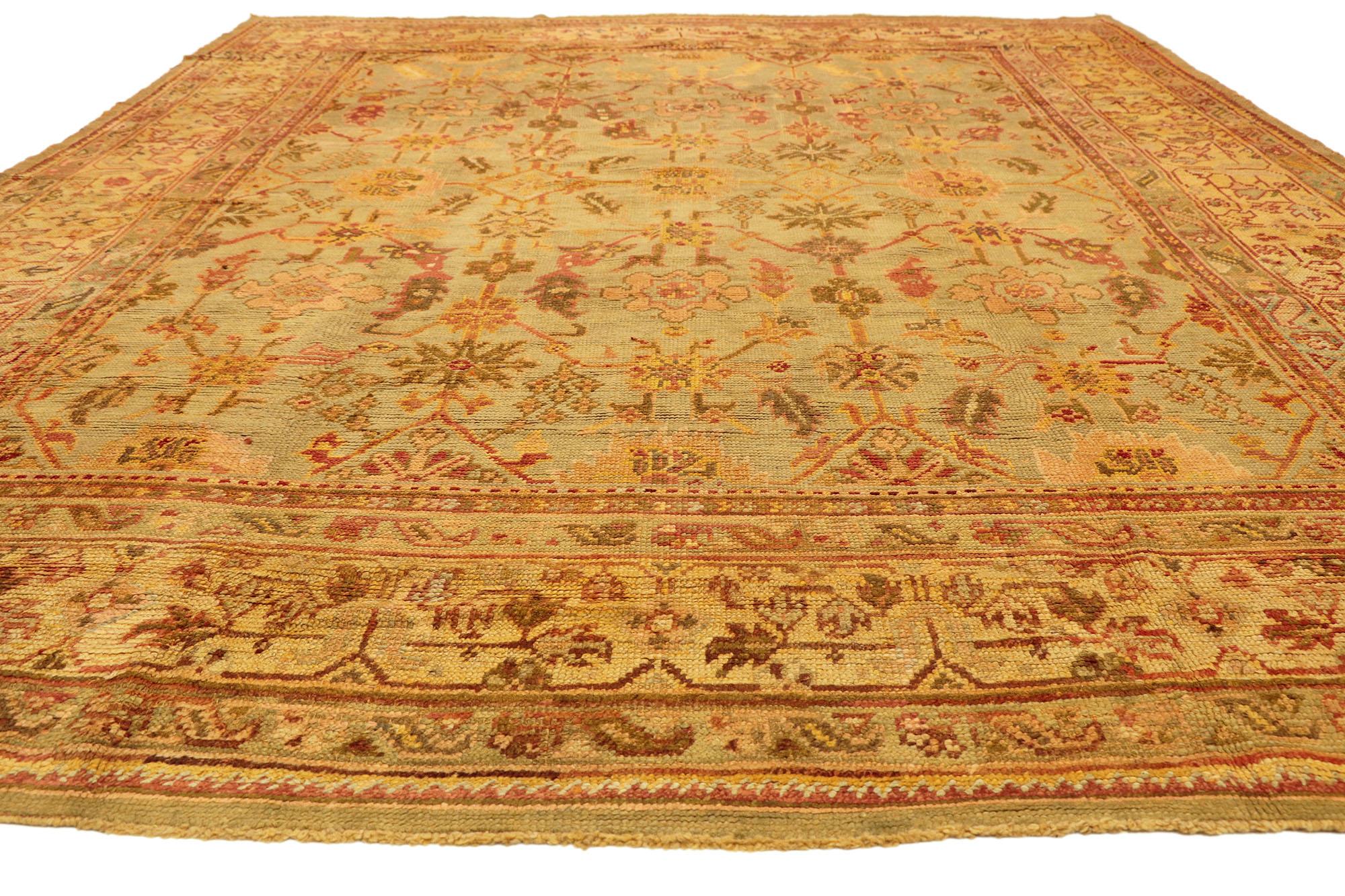 Hand-Knotted Antique Turkish Oushak Rug, Italian Nonna Chic Meets Electic Elegance For Sale