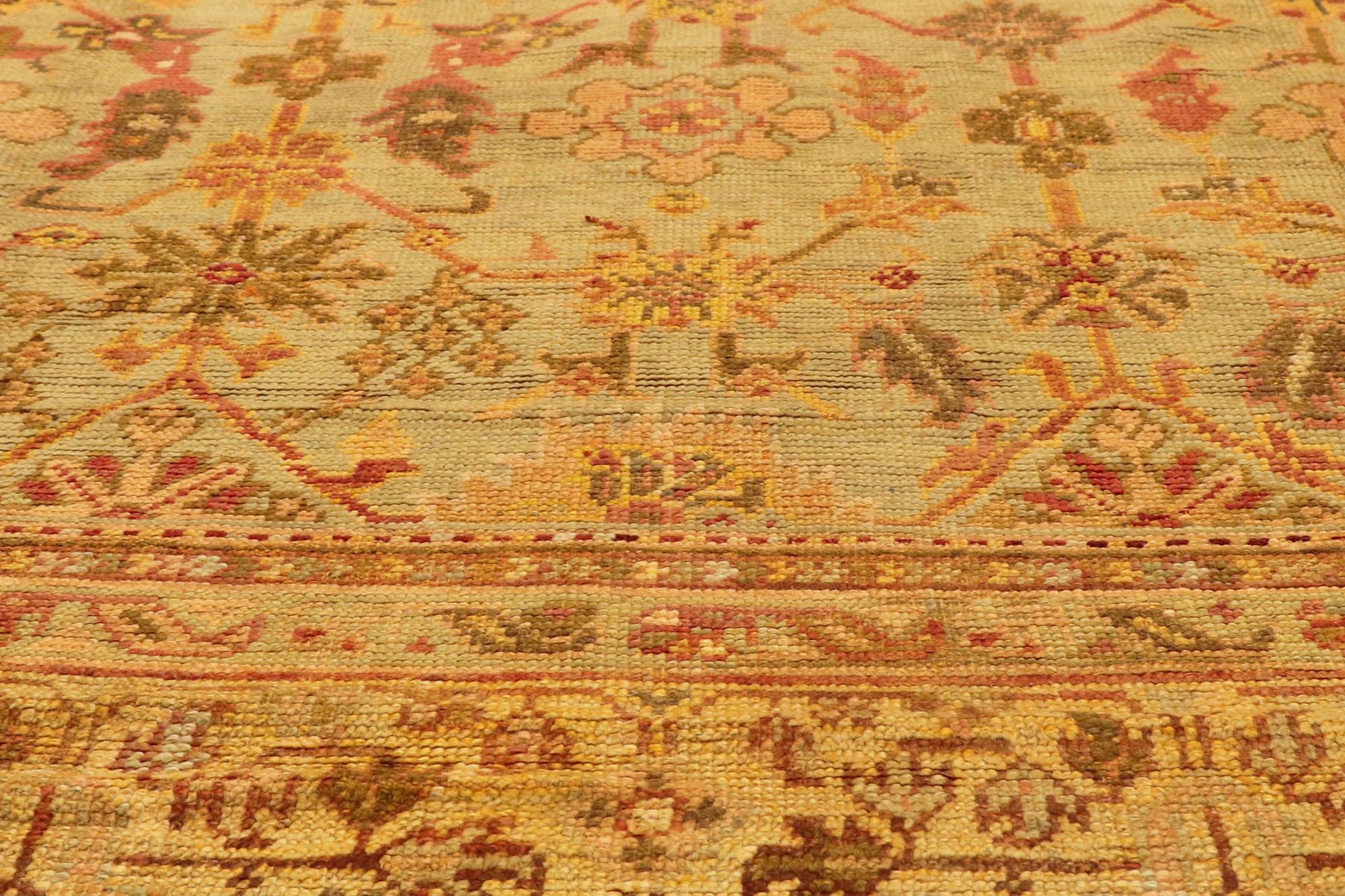 Antique Turkish Oushak Rug, Italian Nonna Chic Meets Electic Elegance In Good Condition For Sale In Dallas, TX