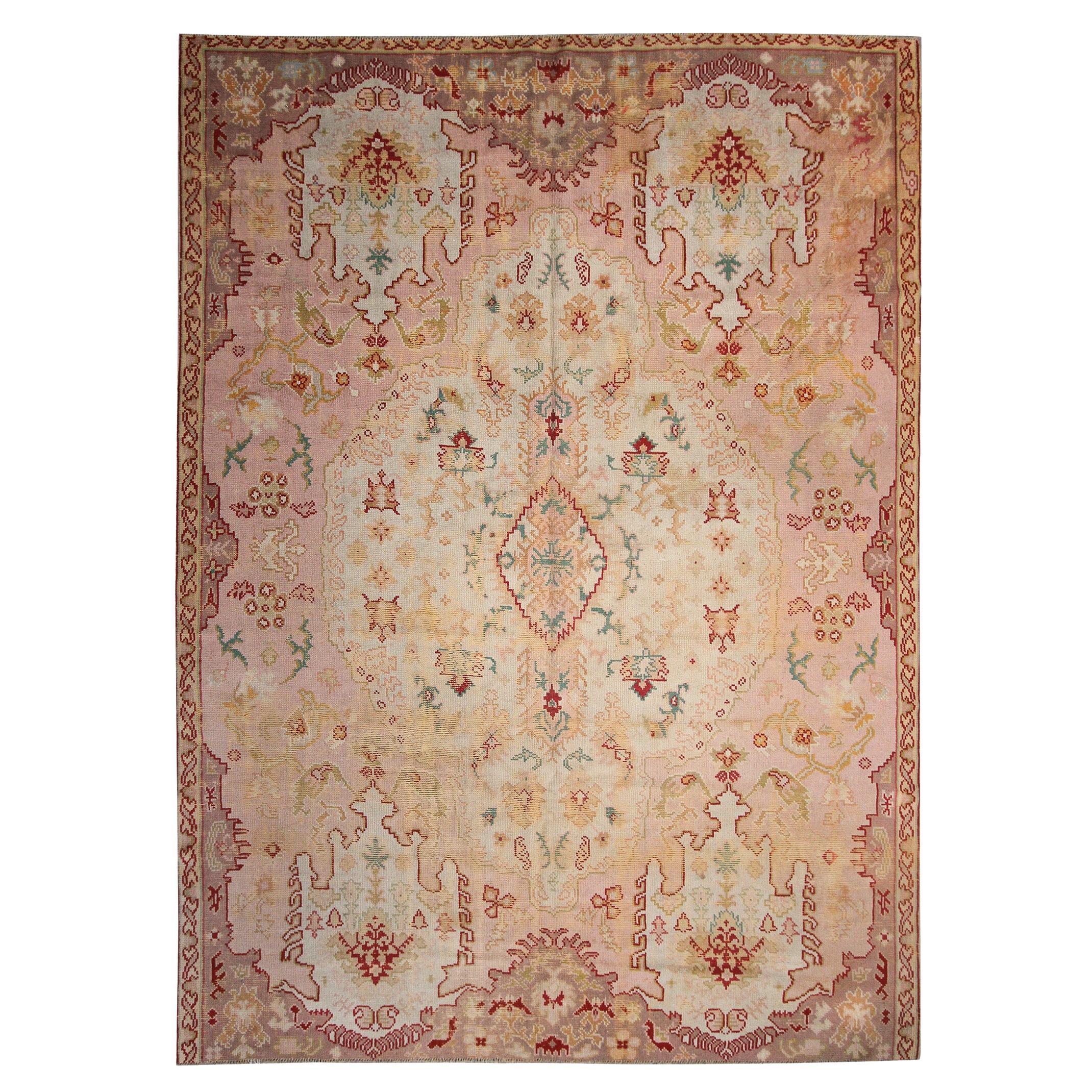 Antique Turkish Oushak Rug Large Handmade Art Nouveau Rug Pink For Sale