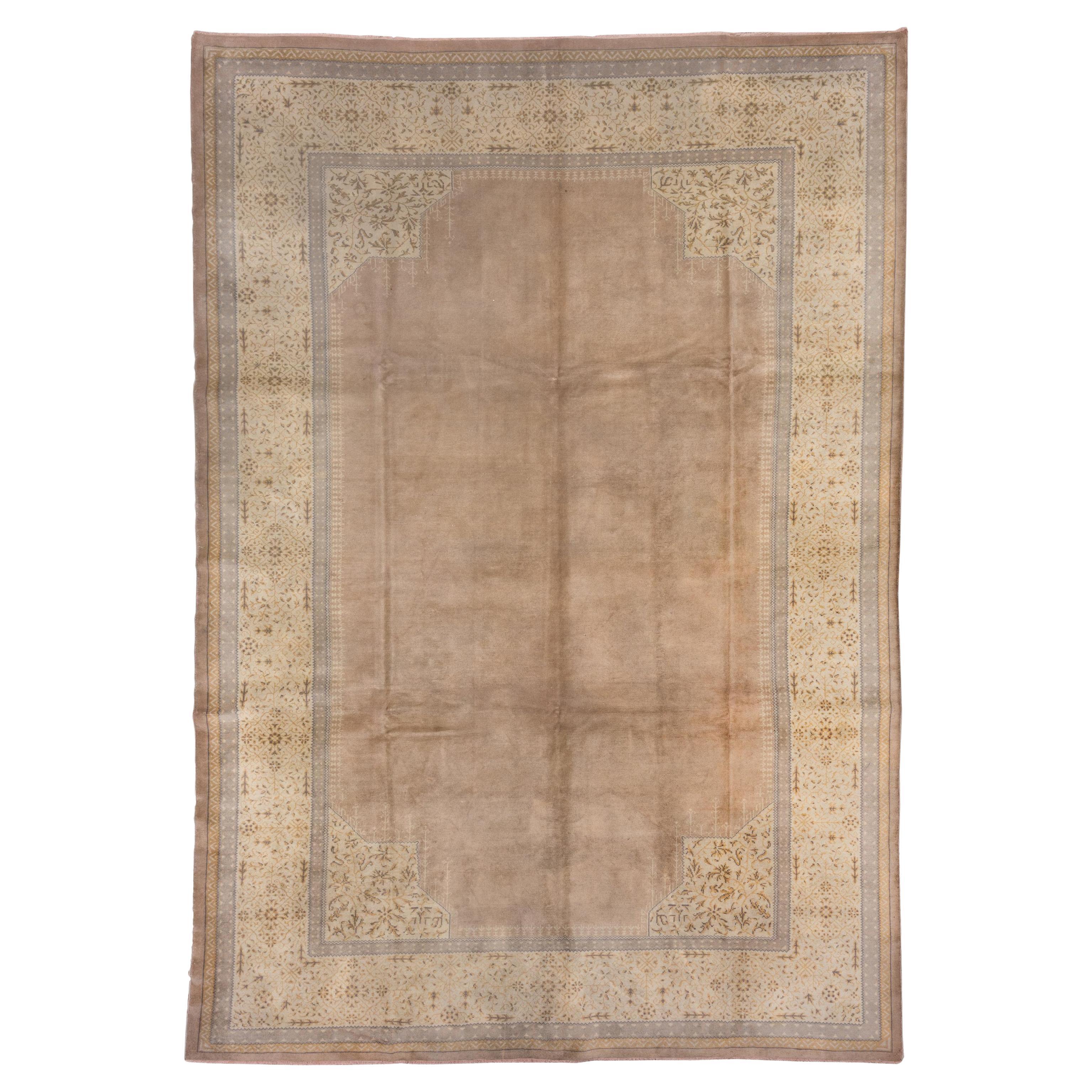 Antique Turkish Oushak Rug, Light Brown Open Field, circa 1920s For Sale