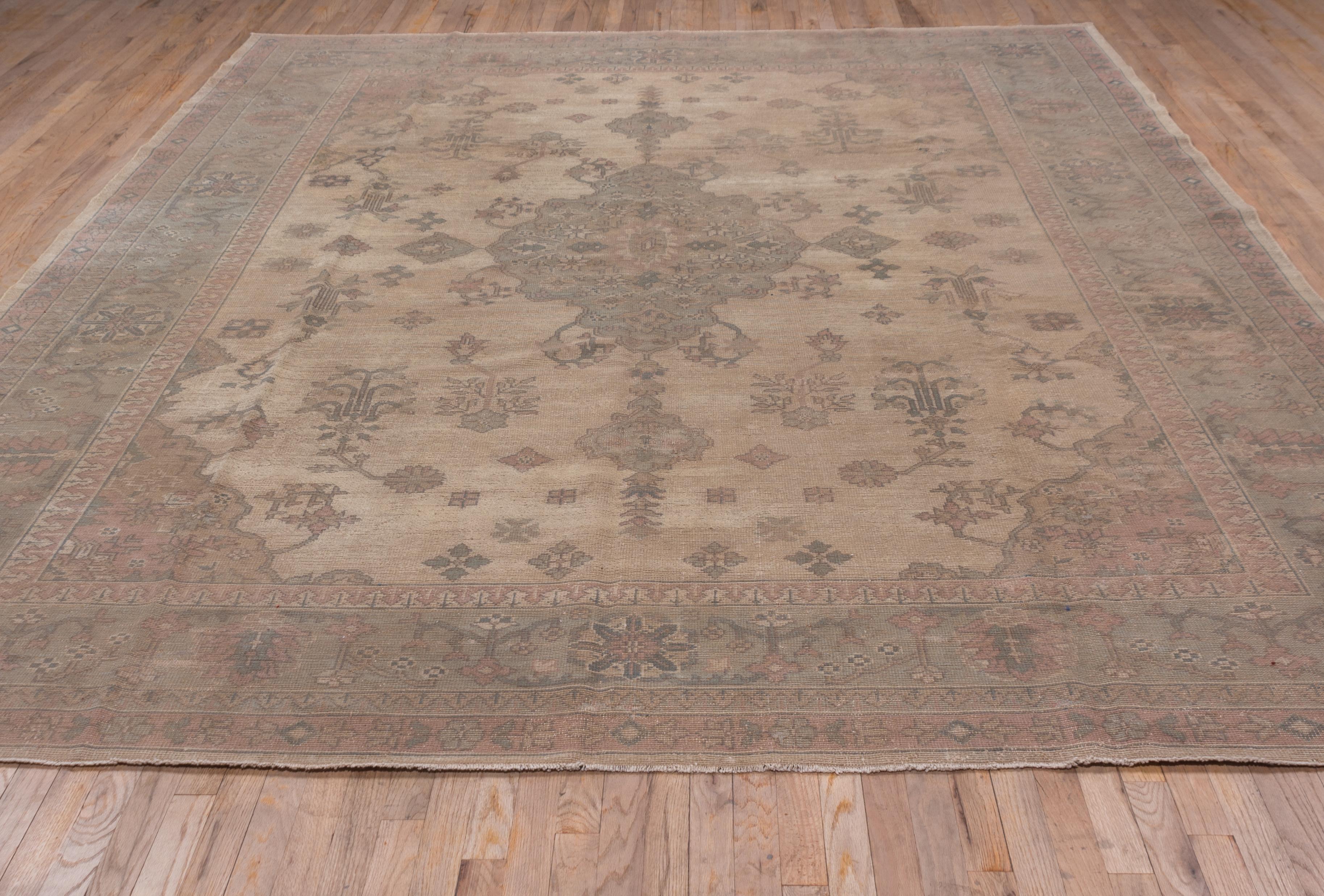 Hand-Knotted Antique Turkish Oushak Rug, Light Pink & Light Blue Accents, circa 1920s For Sale