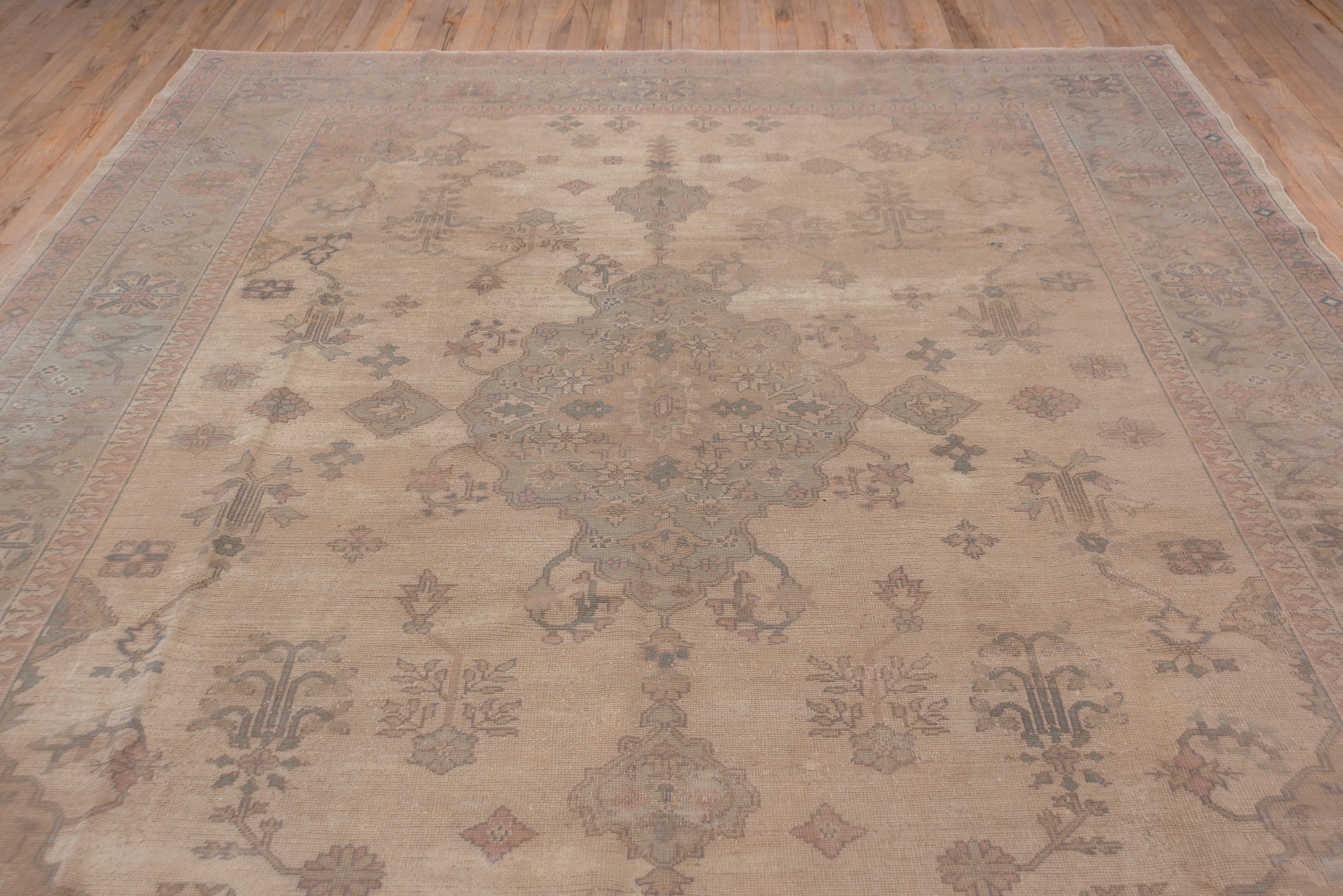 Antique Turkish Oushak Rug, Light Pink & Light Blue Accents, circa 1920s In Good Condition For Sale In New York, NY