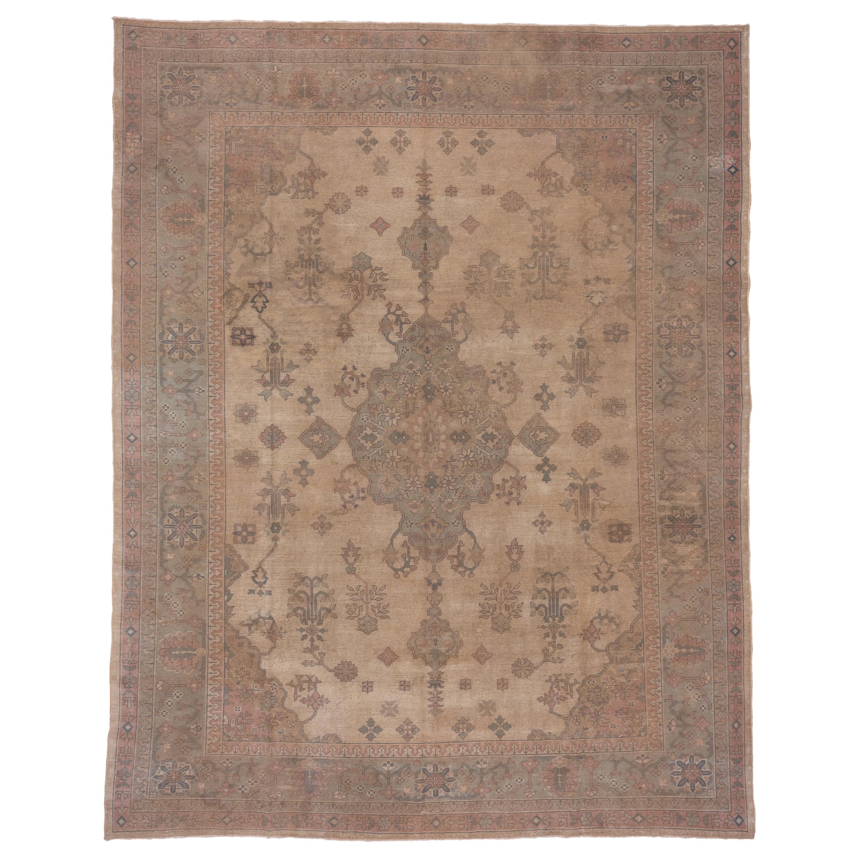 Antique Turkish Oushak Rug, Light Pink & Light Blue Accents, circa 1920s For Sale