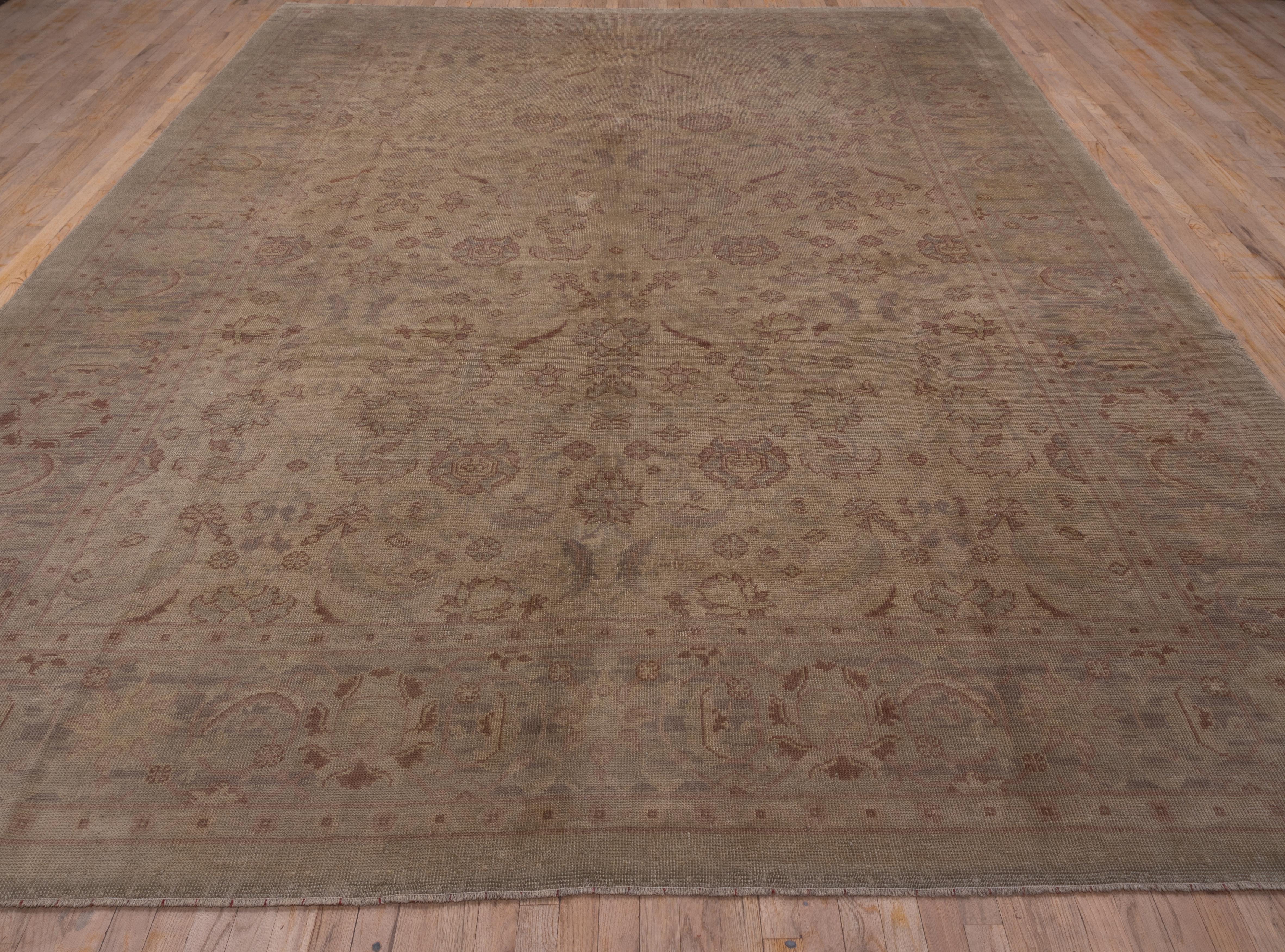 Hand-Knotted Antique Turkish Oushak Rug, Light Purple Borders, Straw Field, Rust Accents For Sale