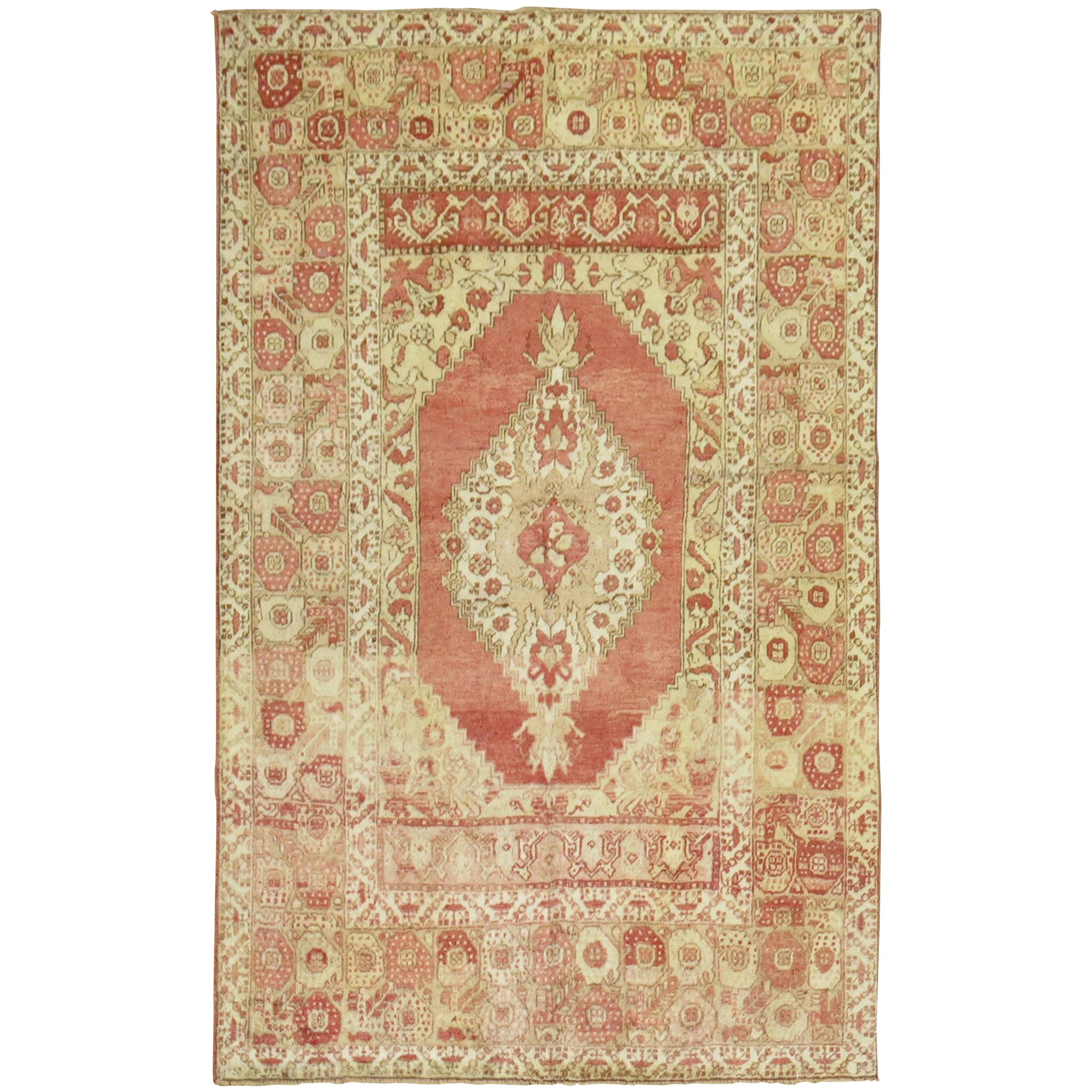 Antique Turkish Oushak Rug Melon Red Brown Accent 20th Century Rug For Sale