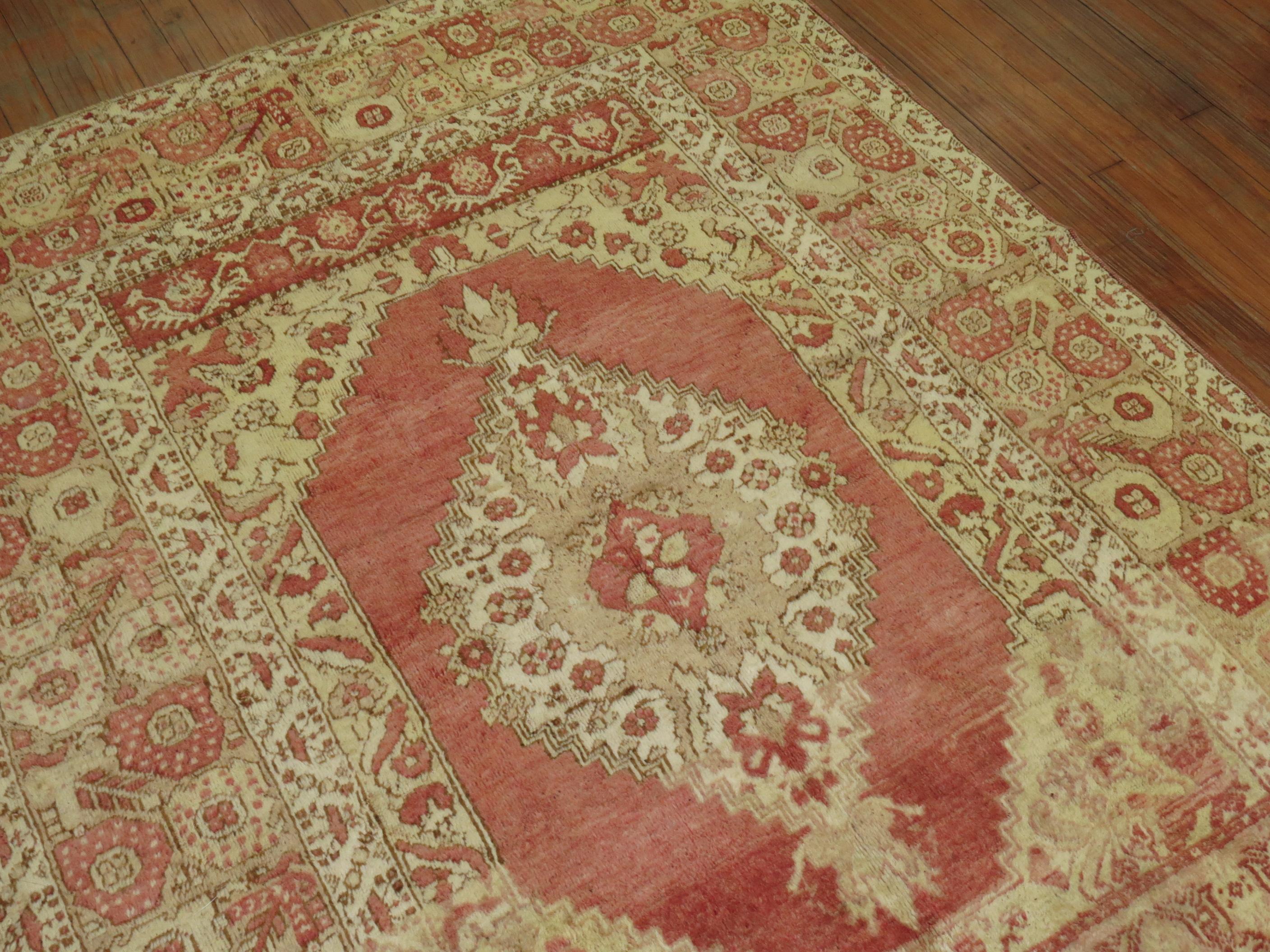 Hand-Knotted Antique Turkish Oushak Rug Melon Red Brown Accent 20th Century Rug For Sale