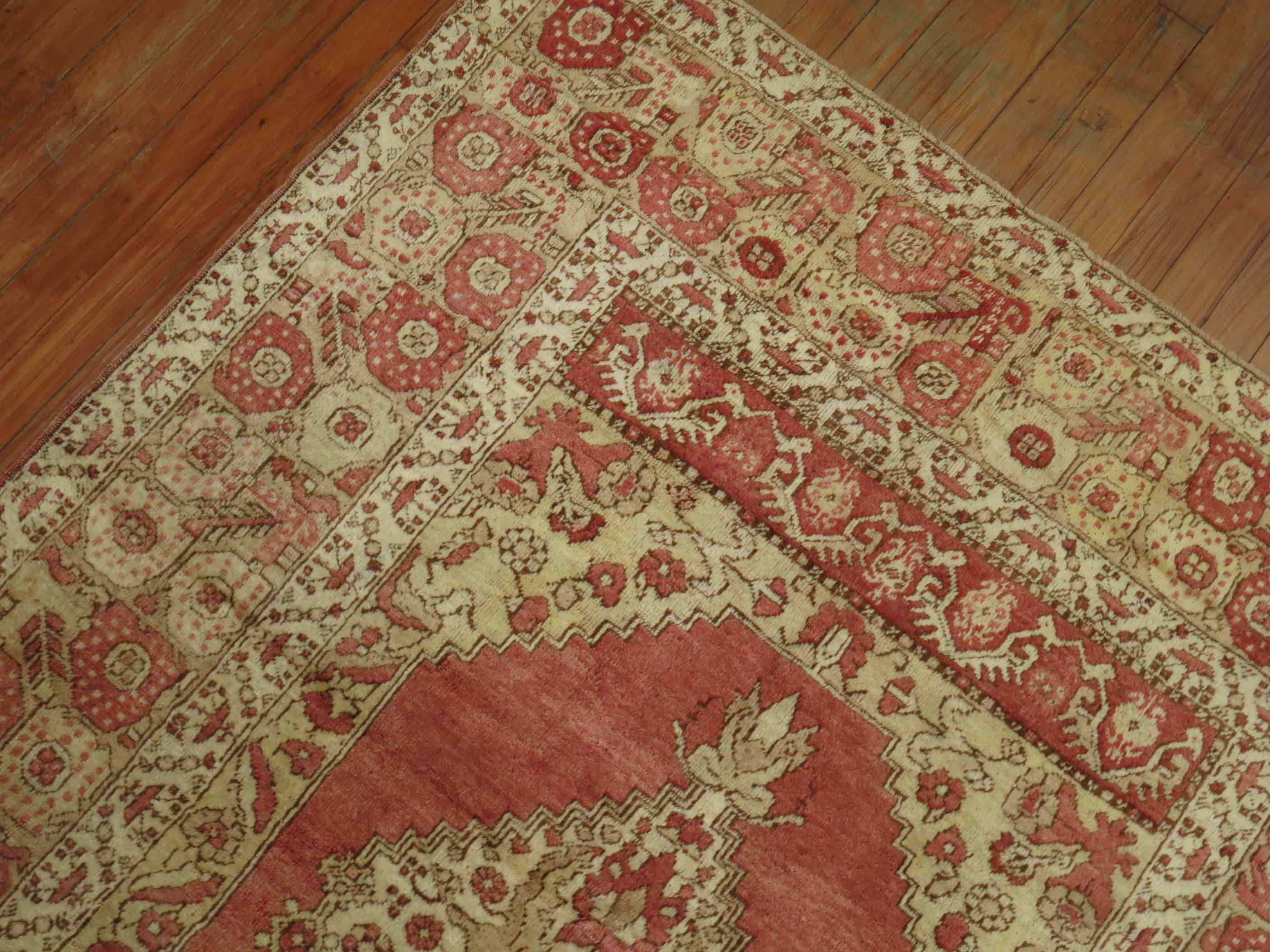 Antique Turkish Oushak Rug Melon Red Brown Accent 20th Century Rug For Sale 1