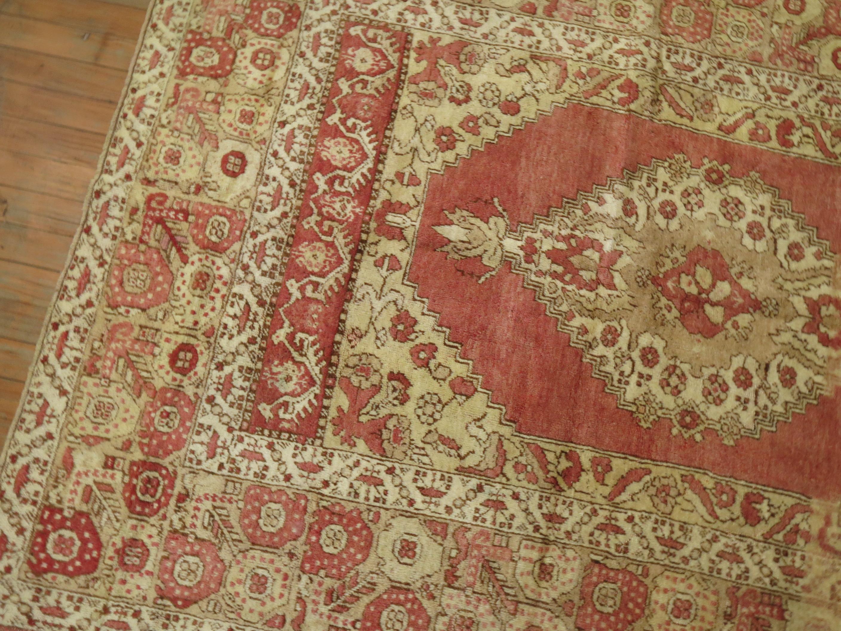 Antique Turkish Oushak Rug Melon Red Brown Accent 20th Century Rug For Sale 2
