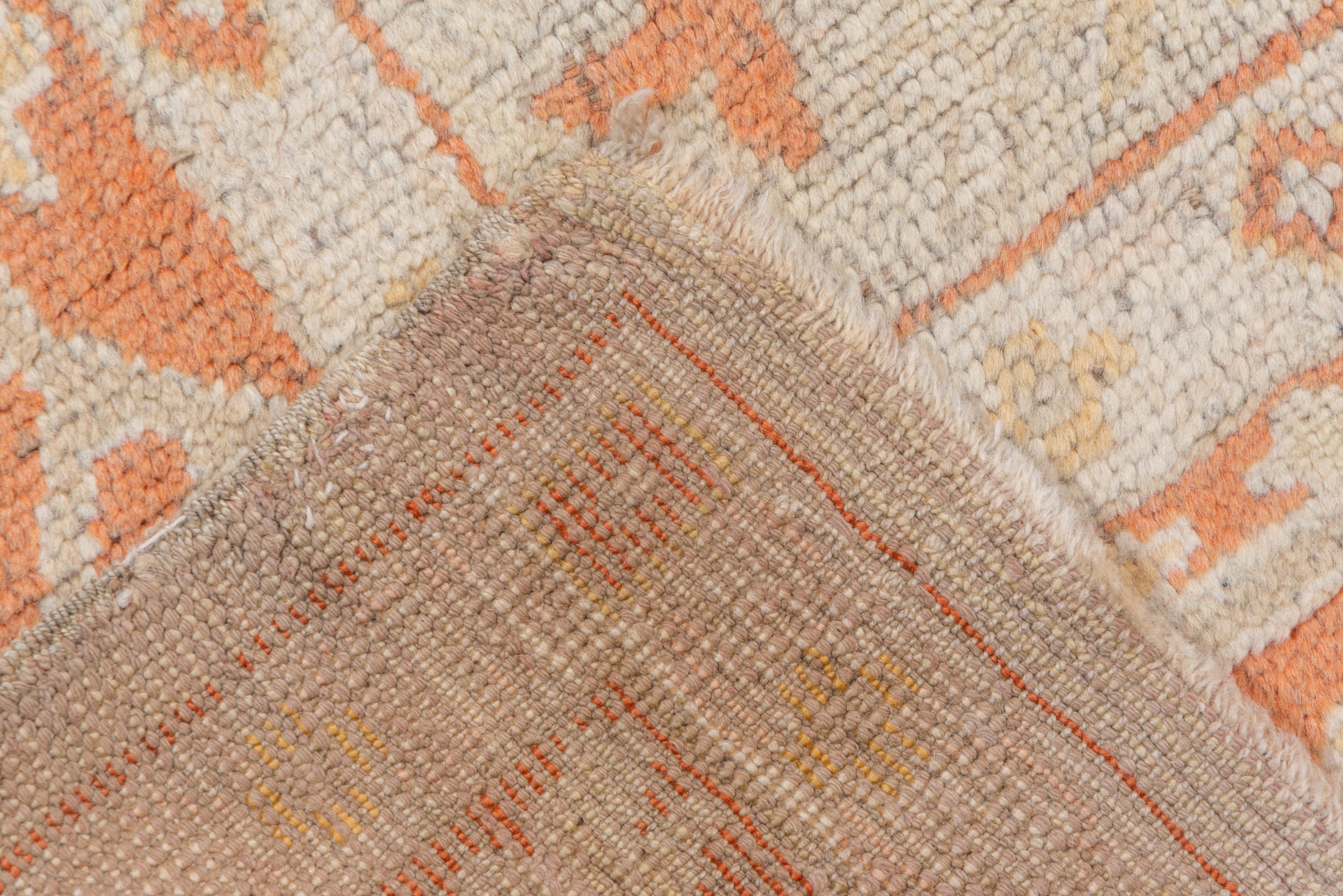 Antique Turkish Oushak Rug, Neutral Field, Orange Borders & Accents, circa 1910s For Sale 1