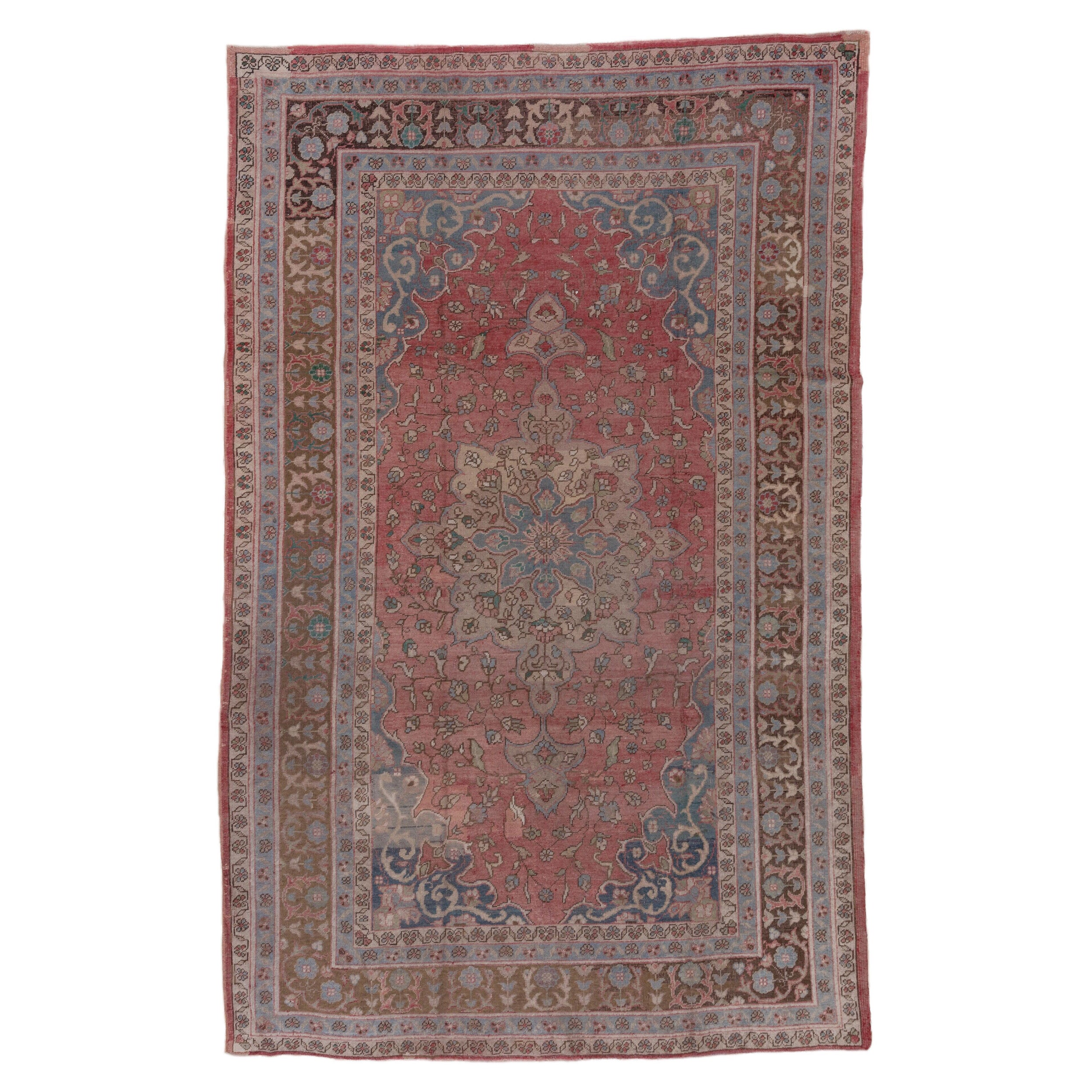 Tapis turc ancien d'Oushak, palette rose et bleue