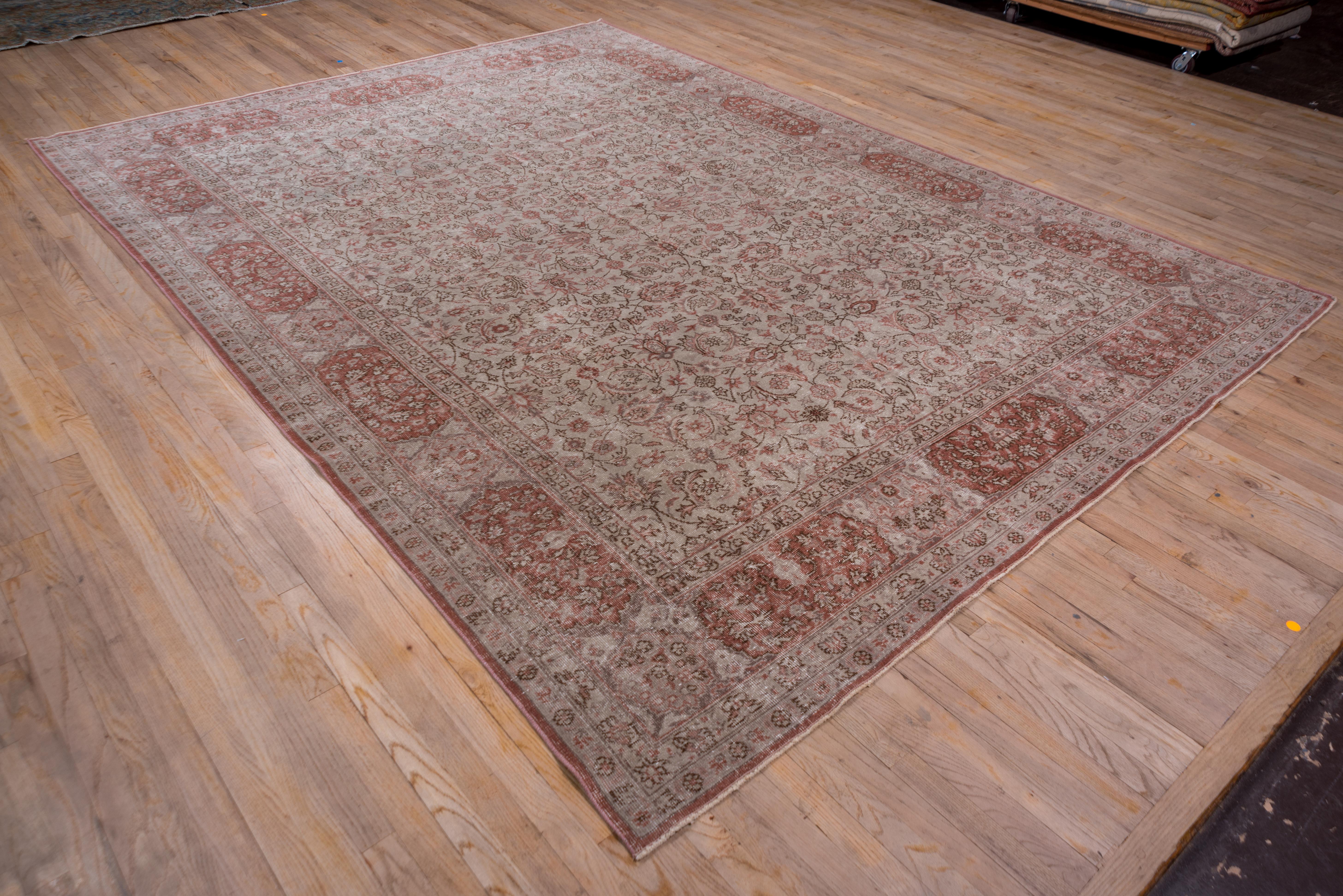 Antique Turkish Oushak Rug, Red Borders, Taupe Allover Field, circa 1940s For Sale 6