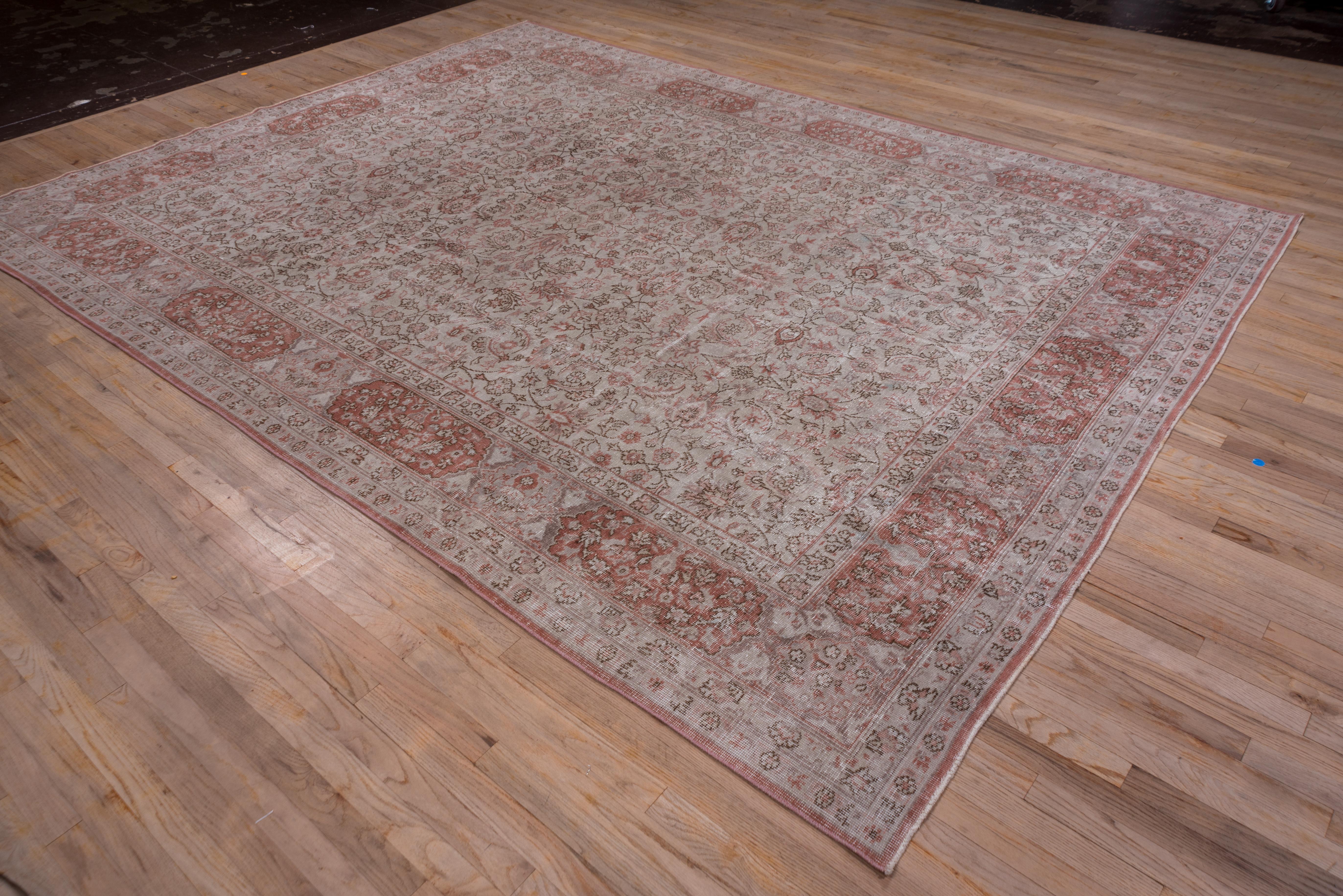 Hand-Knotted Antique Turkish Oushak Rug, Red Borders, Taupe Allover Field, circa 1940s For Sale