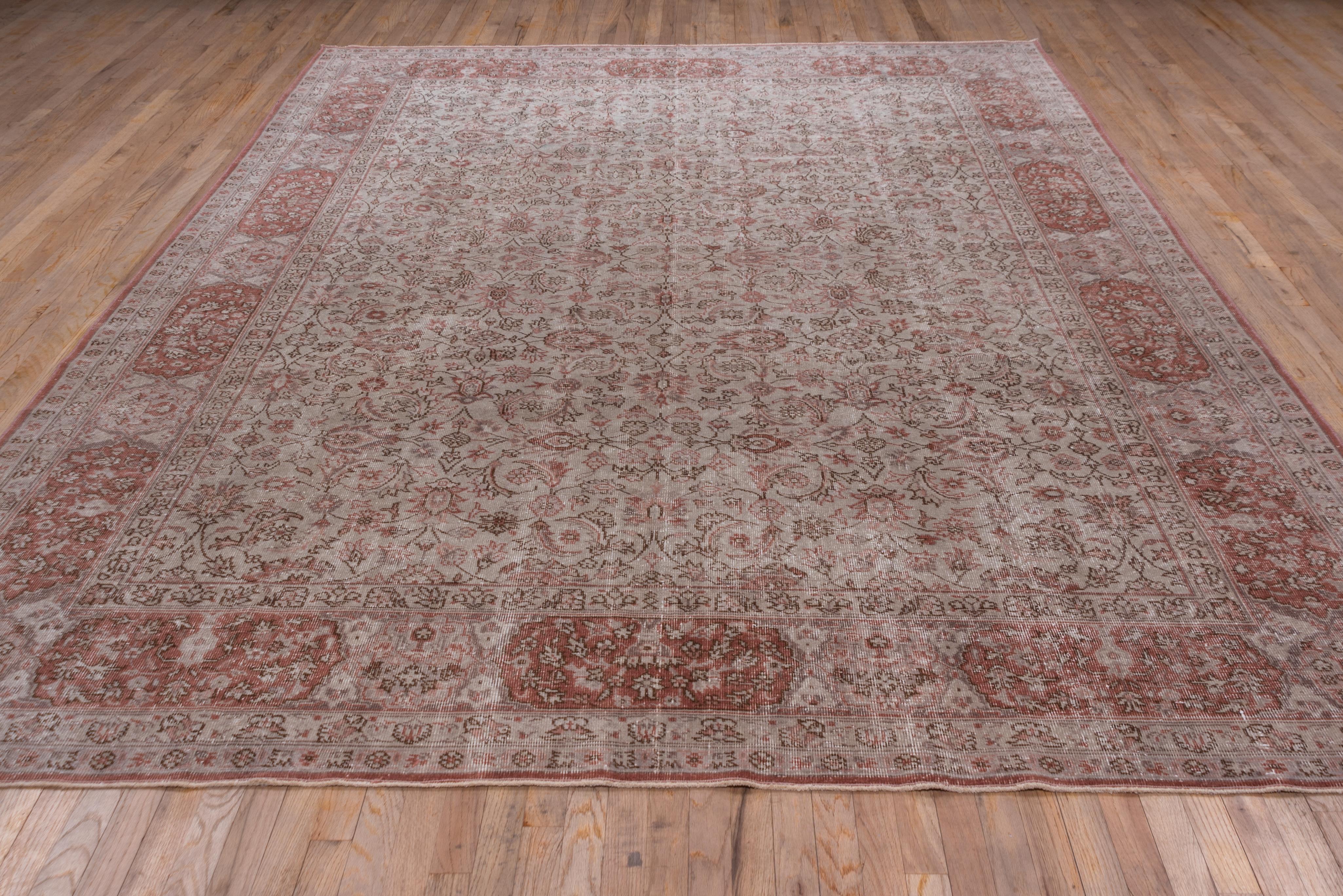 Antique Turkish Oushak Rug, Red Borders, Taupe Allover Field, circa 1940s In Good Condition For Sale In New York, NY