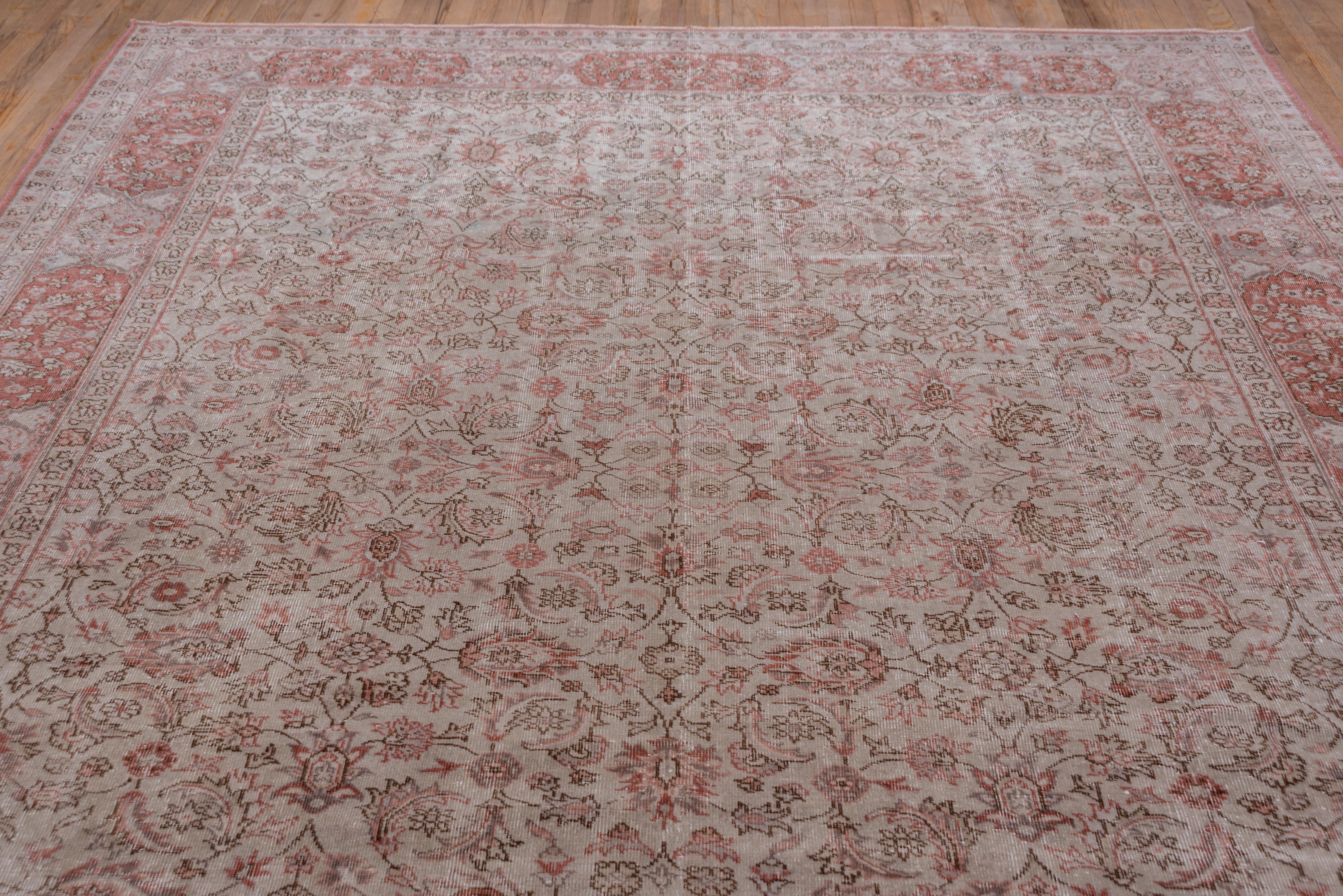 Mid-20th Century Antique Turkish Oushak Rug, Red Borders, Taupe Allover Field, circa 1940s For Sale