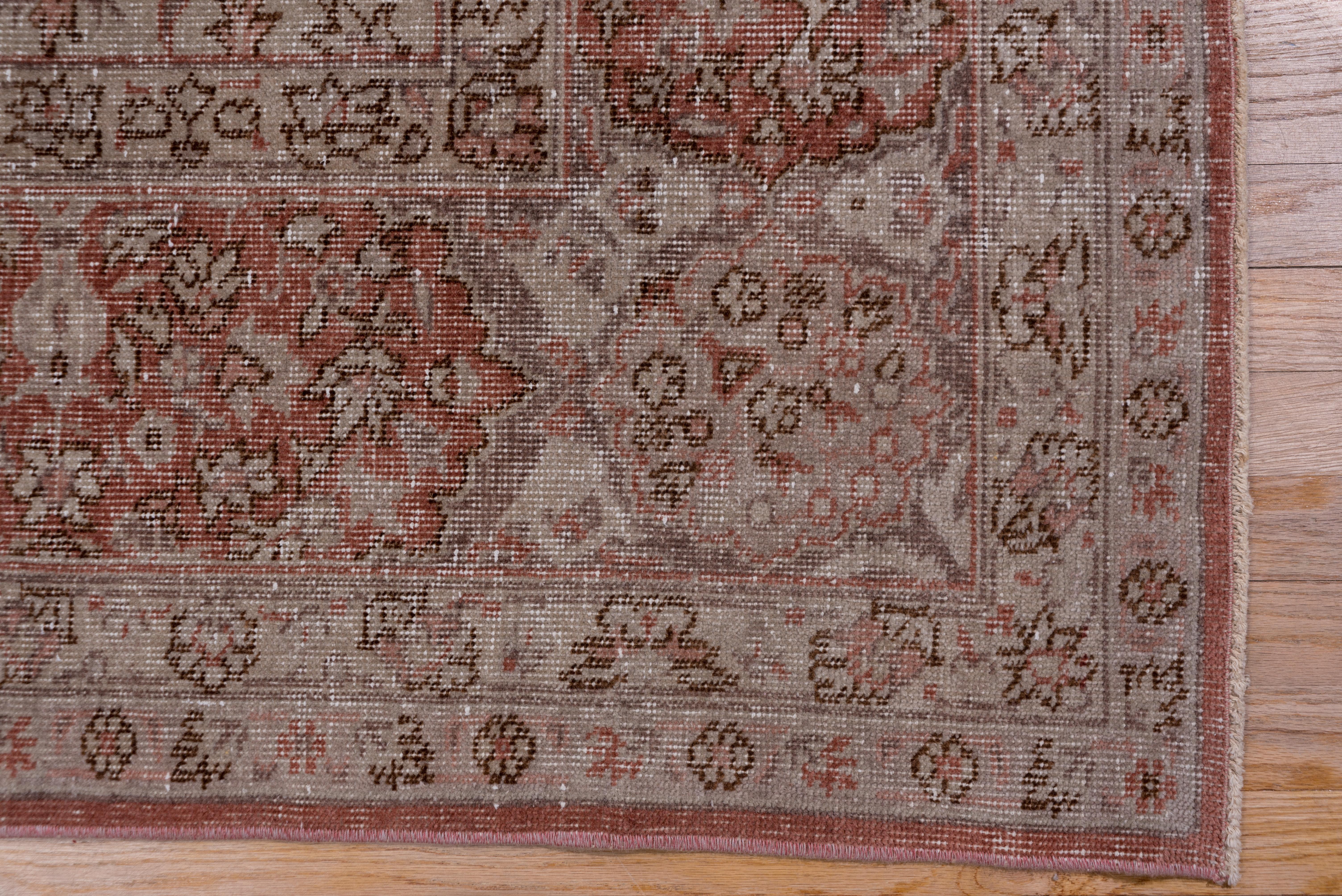 Wool Antique Turkish Oushak Rug, Red Borders, Taupe Allover Field, circa 1940s For Sale