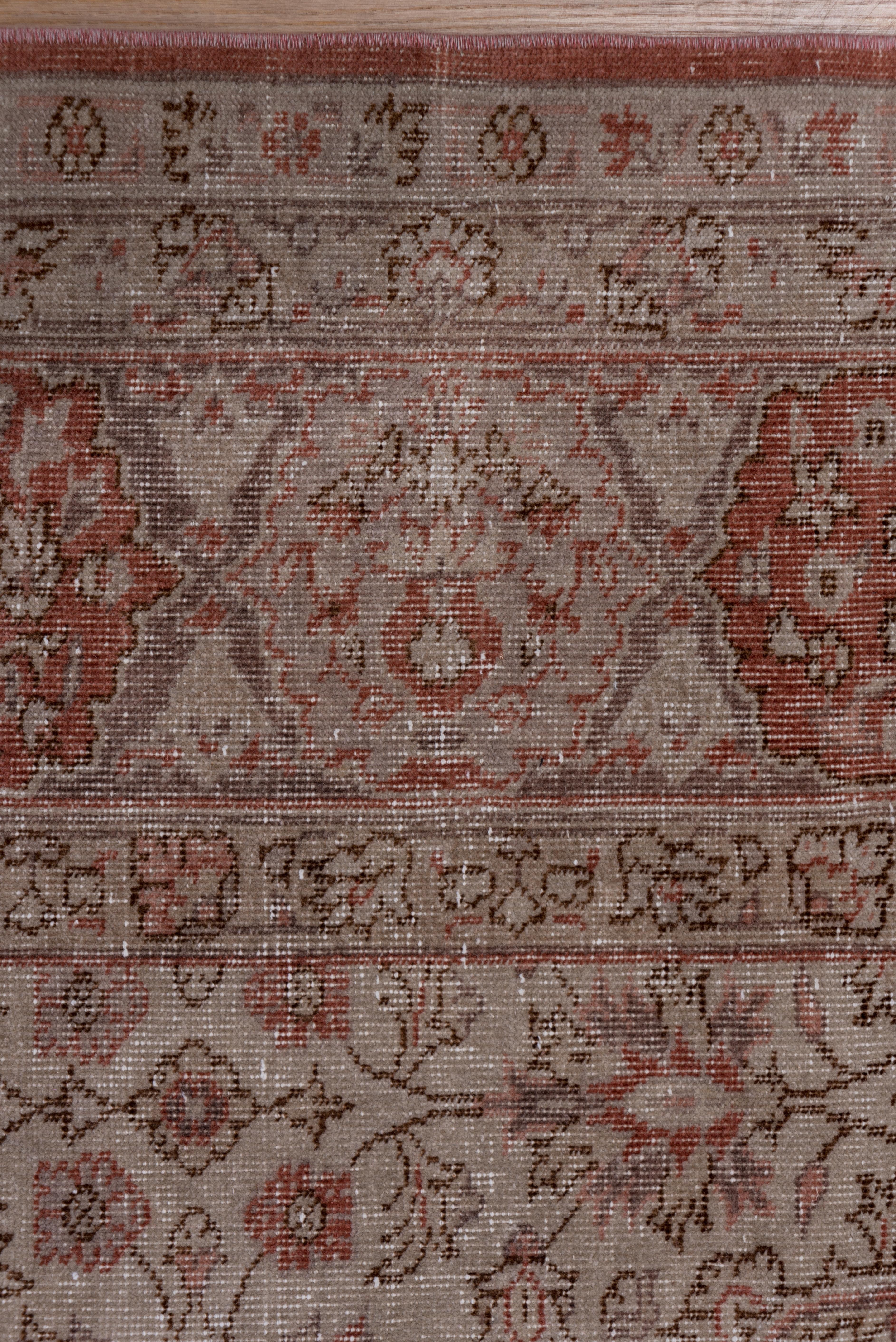 Antique Turkish Oushak Rug, Red Borders, Taupe Allover Field, circa 1940s For Sale 2