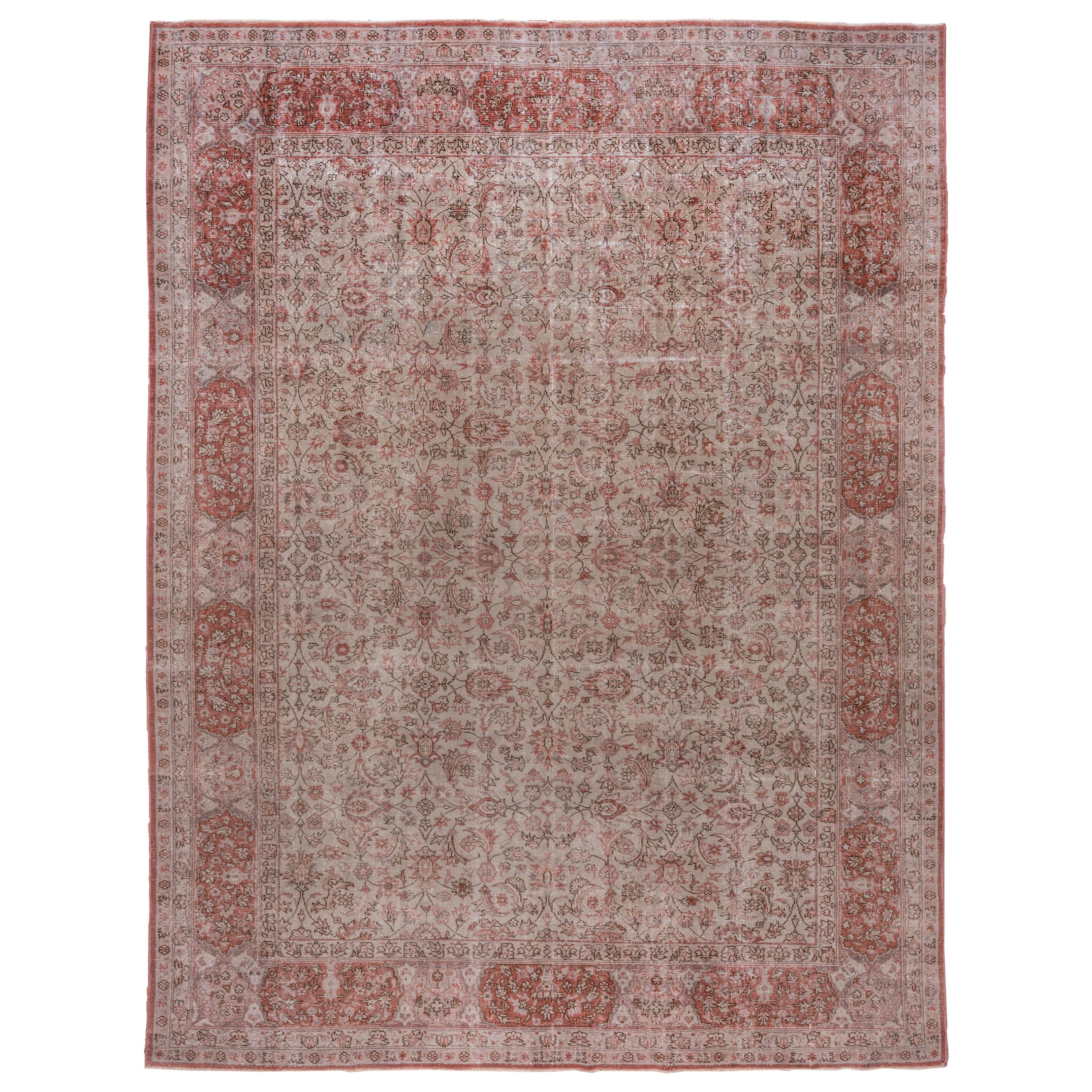 Antique Turkish Oushak Rug, Red Borders, Taupe Allover Field, circa 1940s For Sale