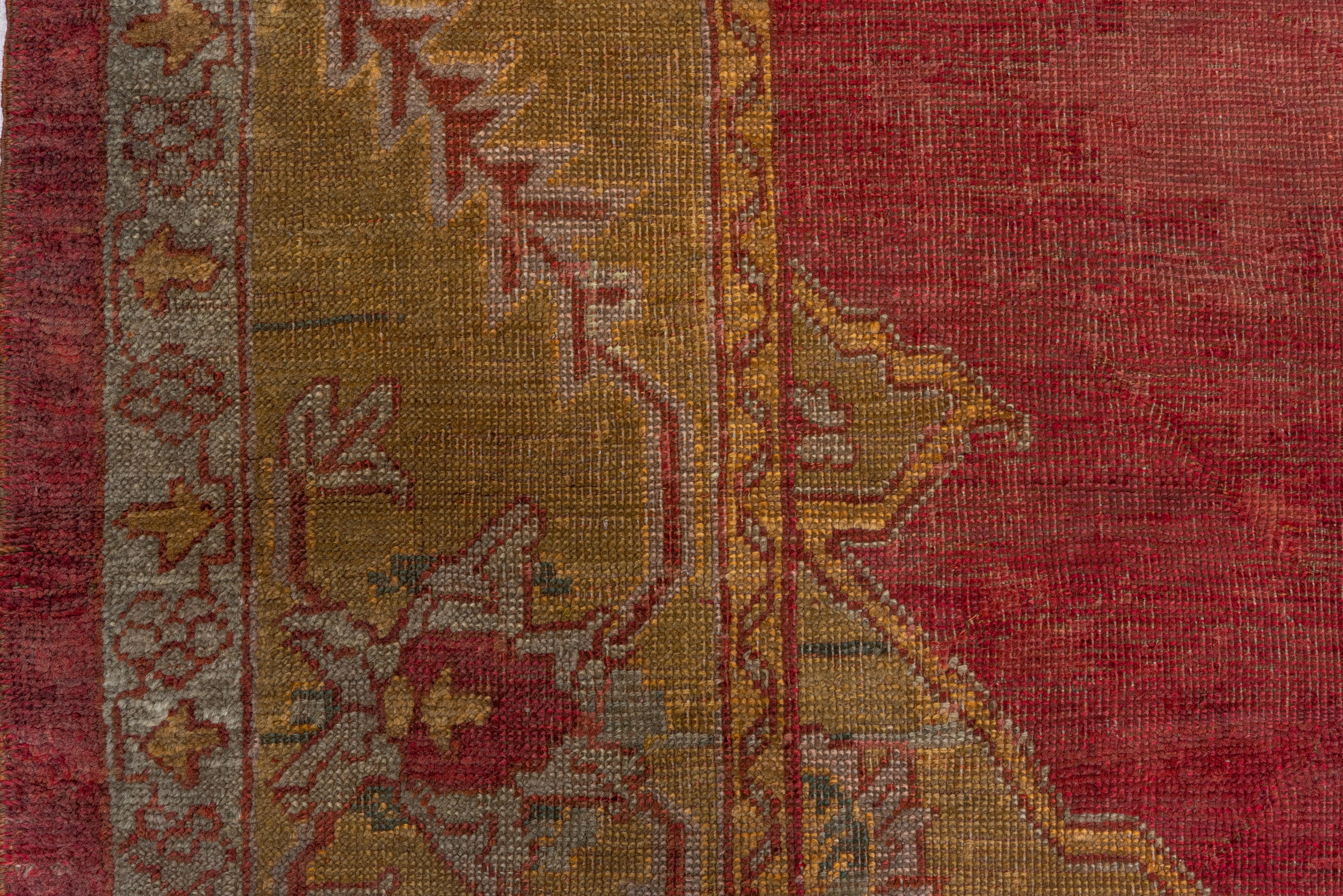 Hand-Knotted Antique Turkish Oushak Rug, Red Field and Gold Borders, Center Medallion For Sale