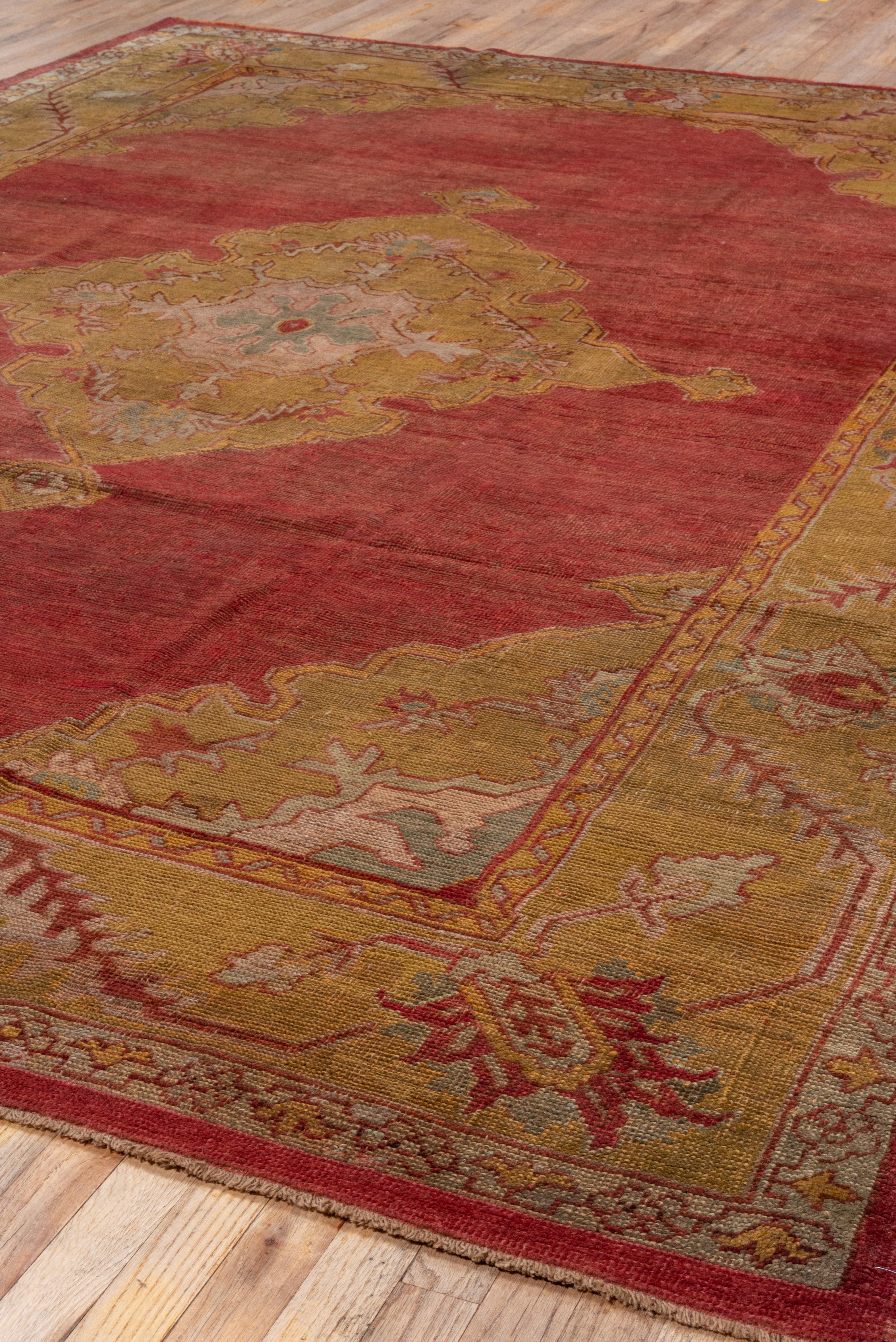 Early 20th Century Antique Turkish Oushak Rug, Red Field and Gold Borders, Center Medallion For Sale