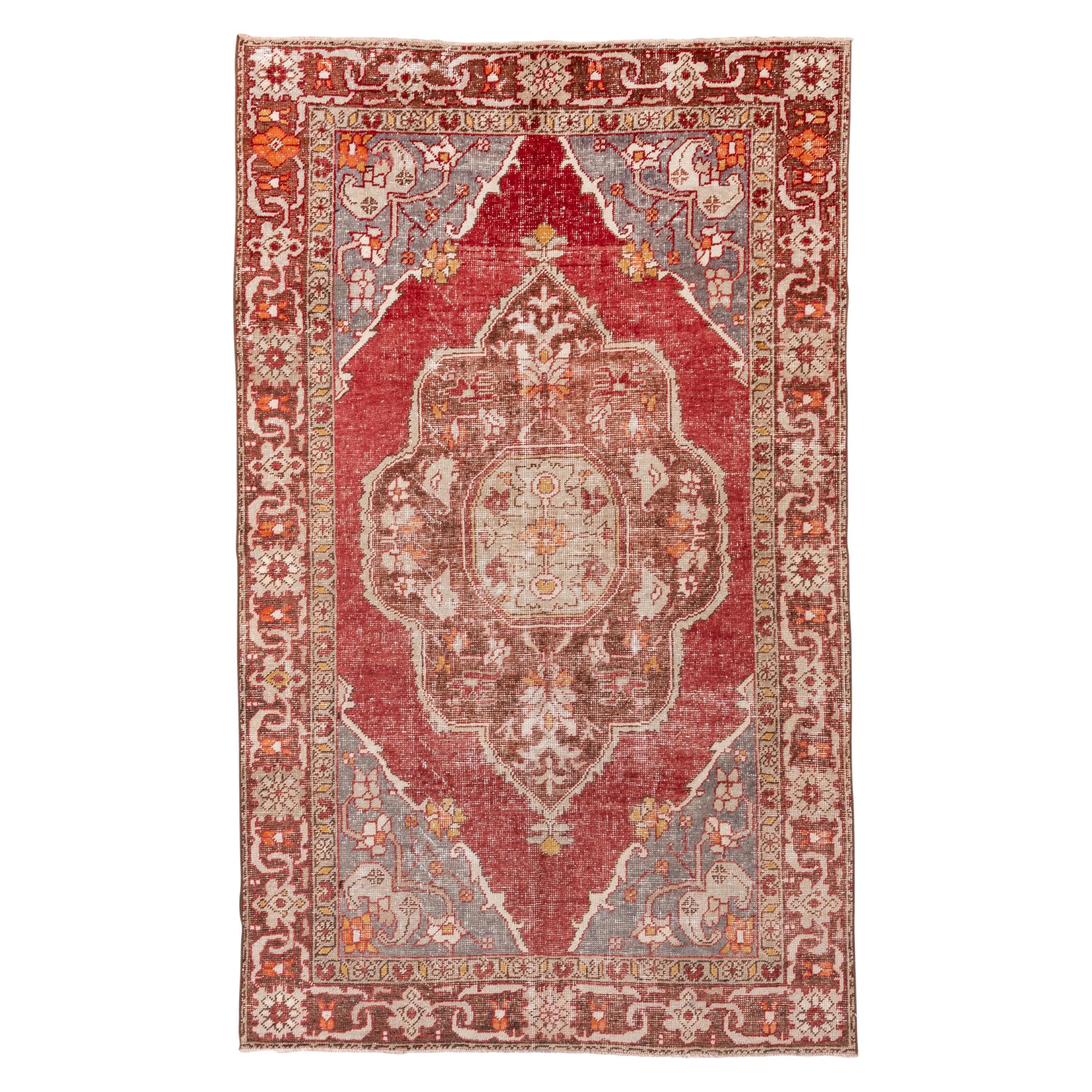 Antique Turkish Oushak Rug, Red, Gray and Brown Field, Even Wear