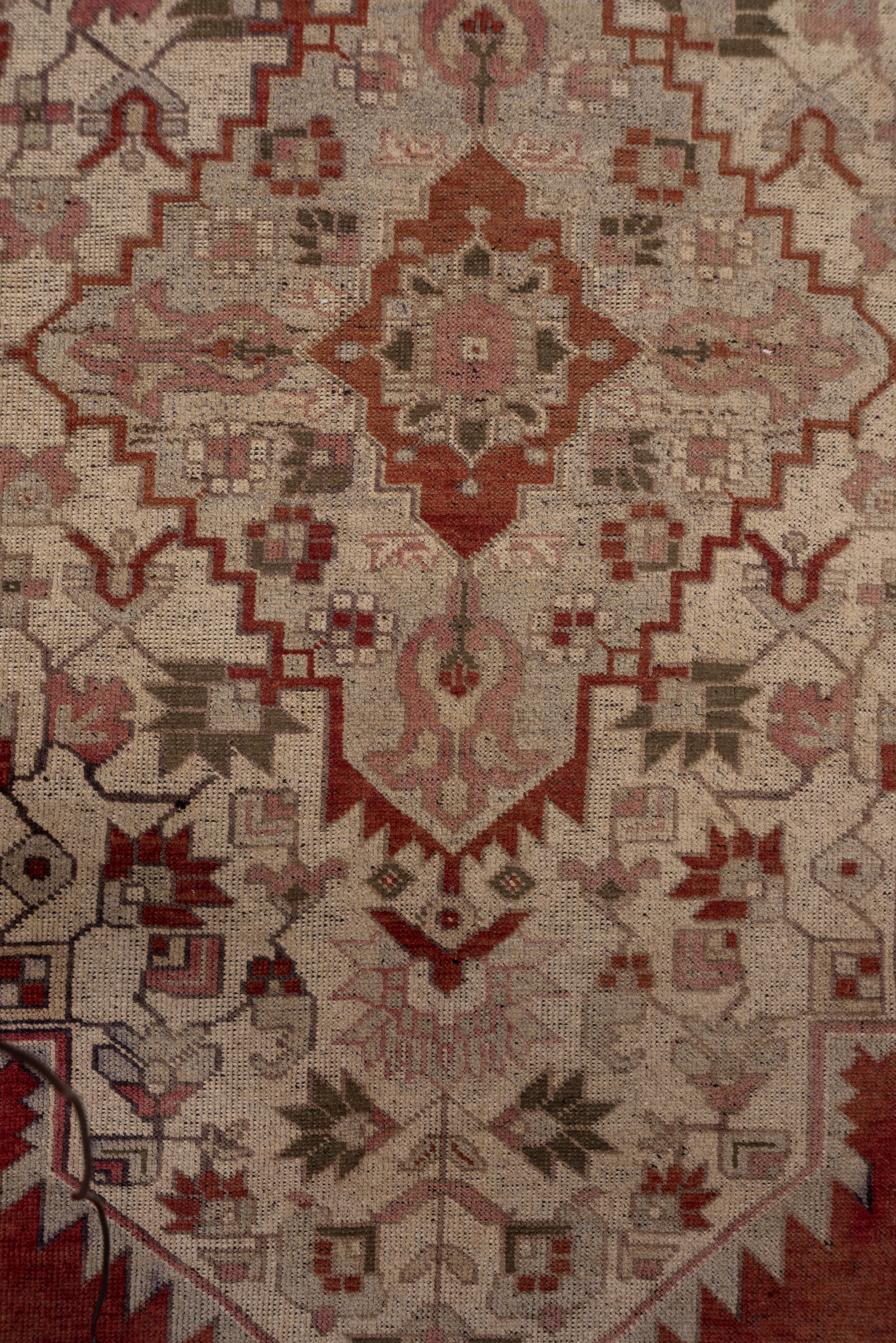 Antique Turkish Oushak Rug, Red Outer Field, Ecru Borders and Ecru Medallion For Sale 4
