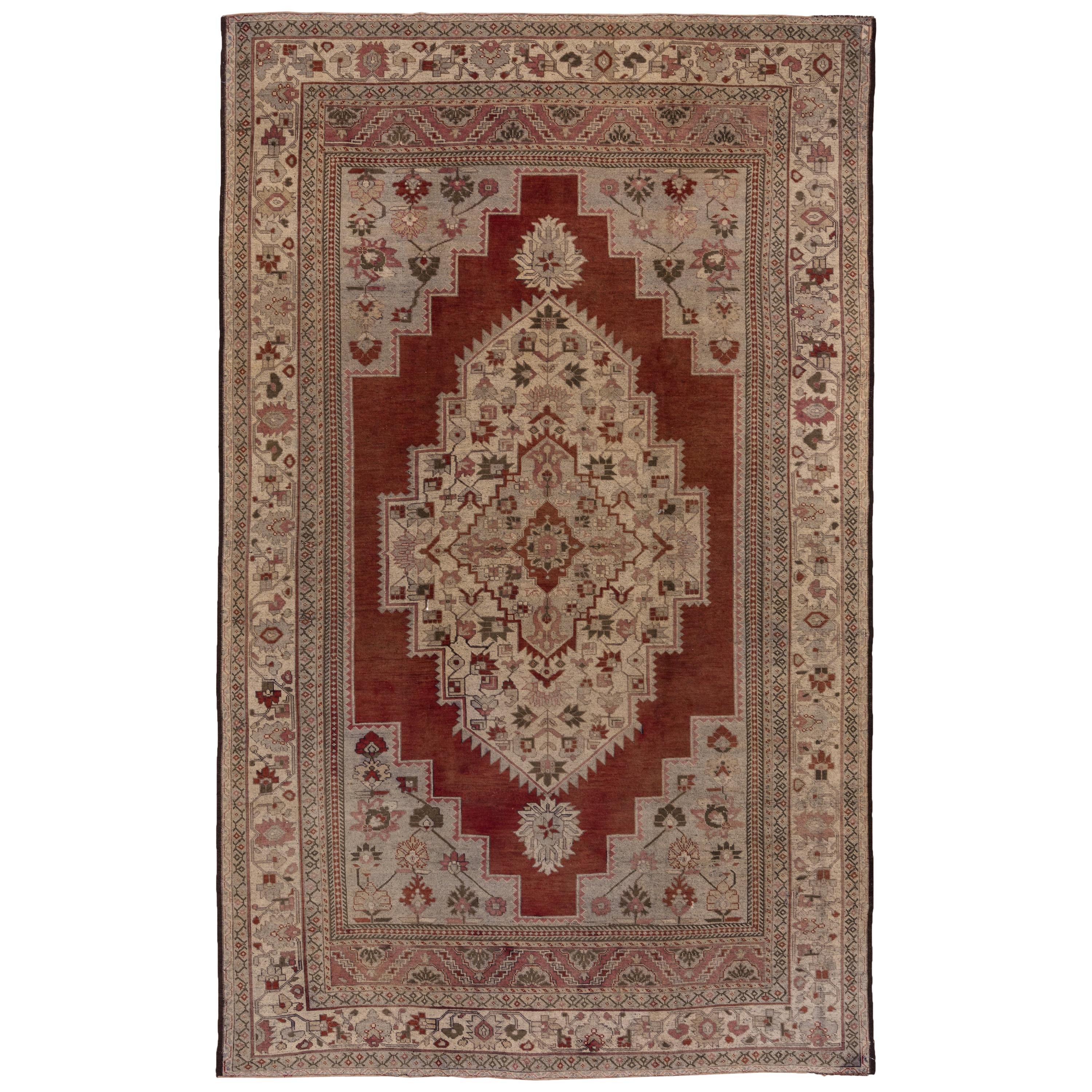 Antique Turkish Oushak Rug, Red Outer Field, Ecru Borders and Ecru Medallion For Sale