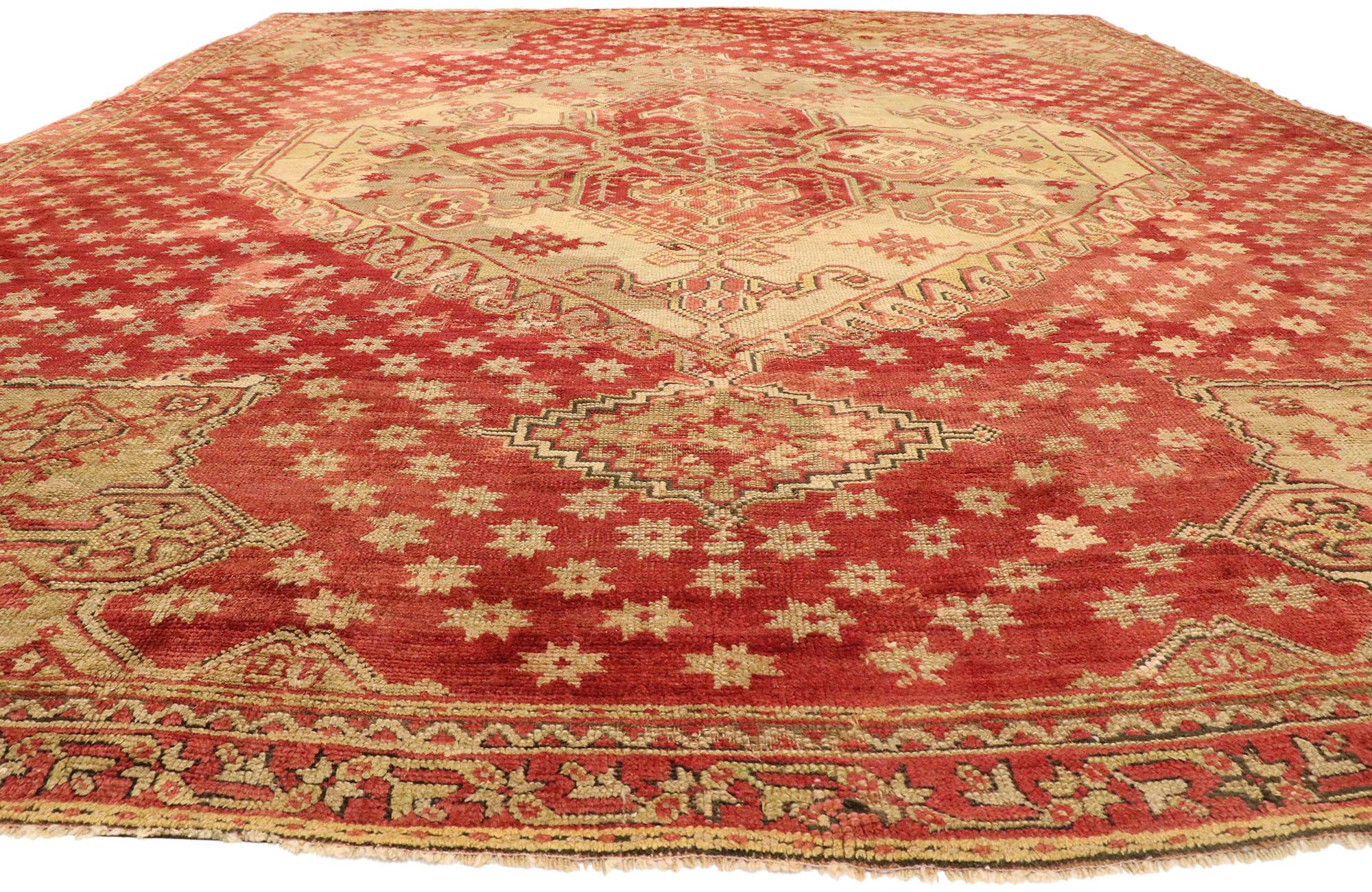 Hand-Knotted Antique Turkish Oushak Rug, Regal and Refined Meets Wabi-Sabi For Sale