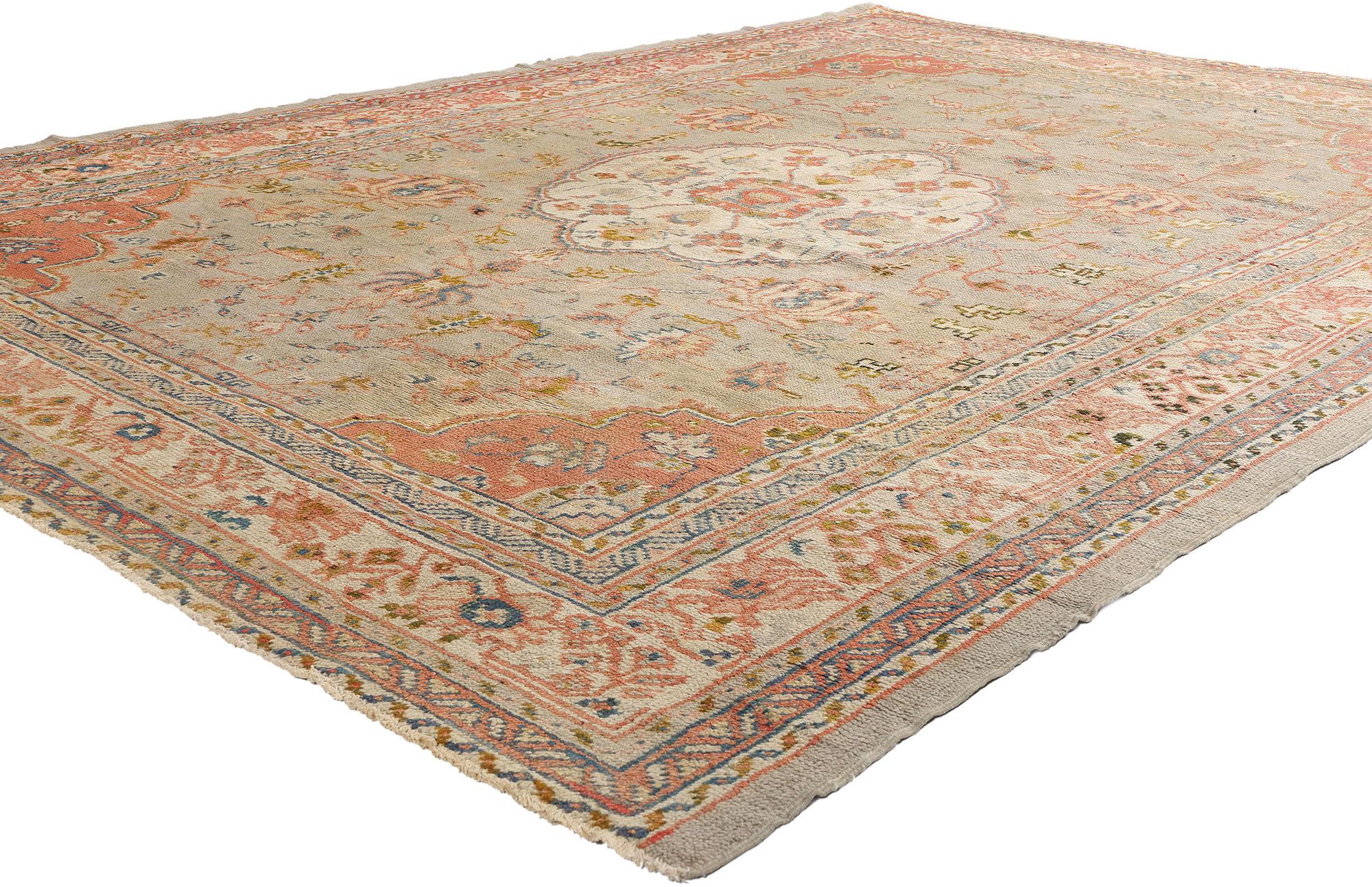 72327 Antique Turkish Oushak Rug, 08'01 x 11'00. Woven from the heart of Anatolia’s golden age, this hand-knotted wool rare antique Turkish Oushak rug whispers tales of bygone splendor, its delicate threads imbued with the poetry of the past. At its