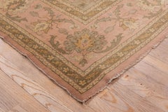 Antique Turkish Oushak Rug, Sage Green Field, Light Pink Borders, circa 1920s