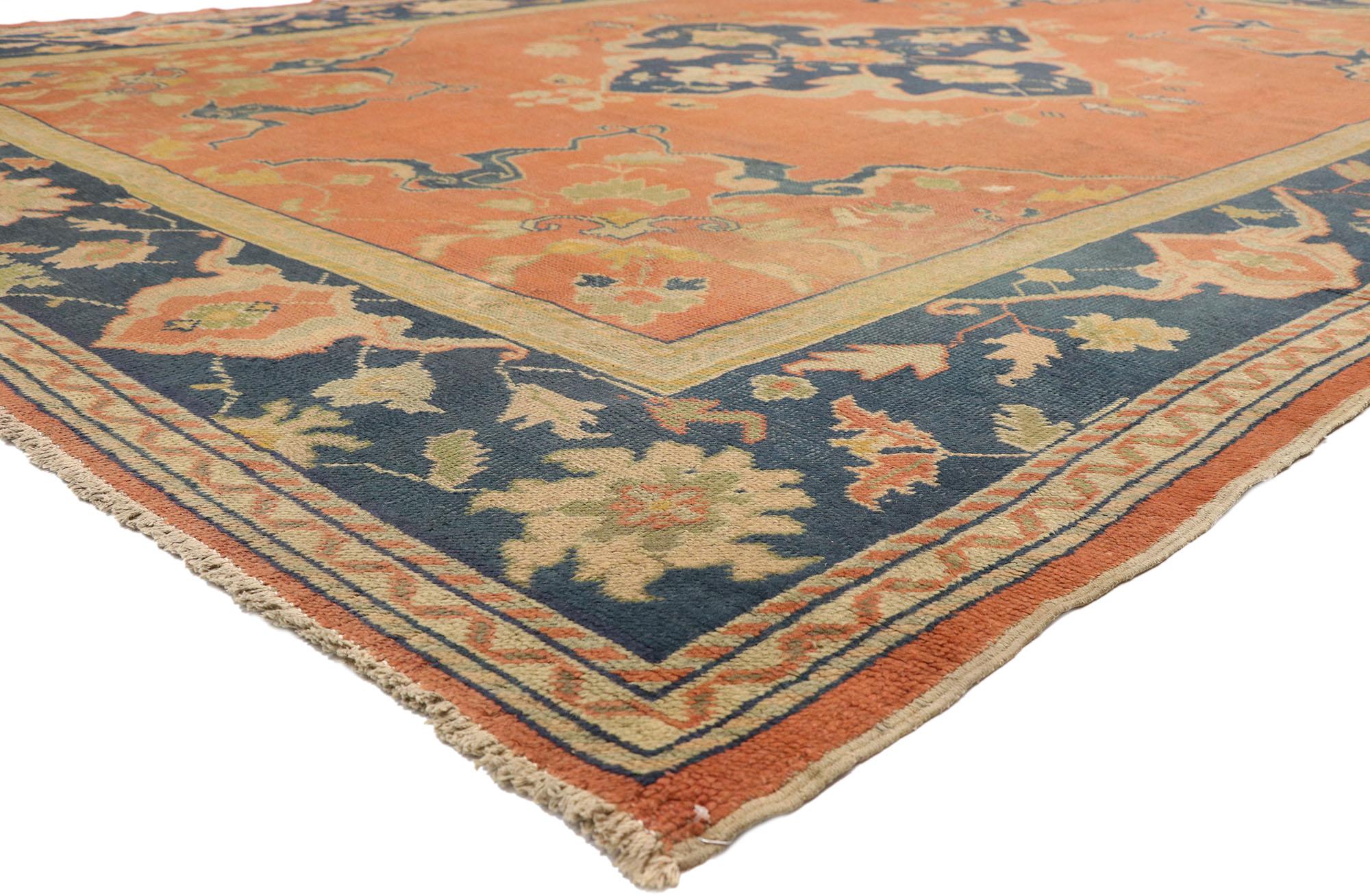 72469 Antique Turkish Oushak Rug, 10'02 x 13'10. 
Timeless appeal meets Mediterranean Chic in this hand knotted wool antique Turkish Oushak rug. The intricate botanical design and subtly bold colors woven into this piece blends tradition with