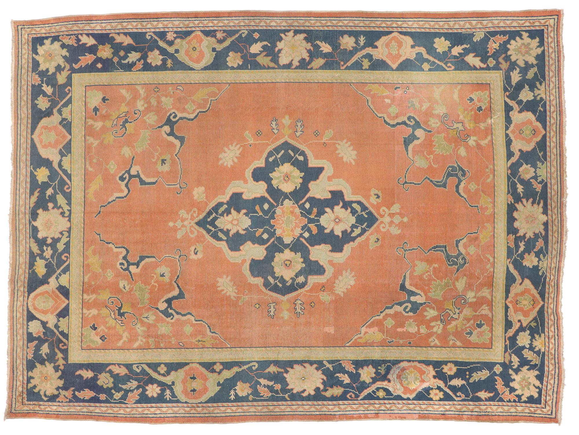 Wool Antique Turkish Oushak Rug, Timeless Appeal Meets Mediterranean Chic For Sale