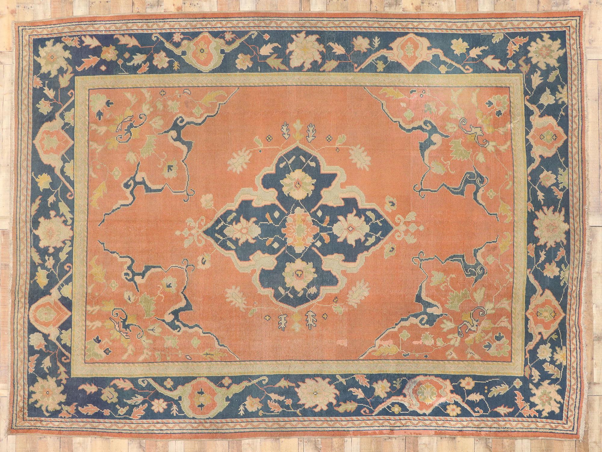 Antique Turkish Oushak Rug, Timeless Appeal Meets Mediterranean Chic For Sale 1