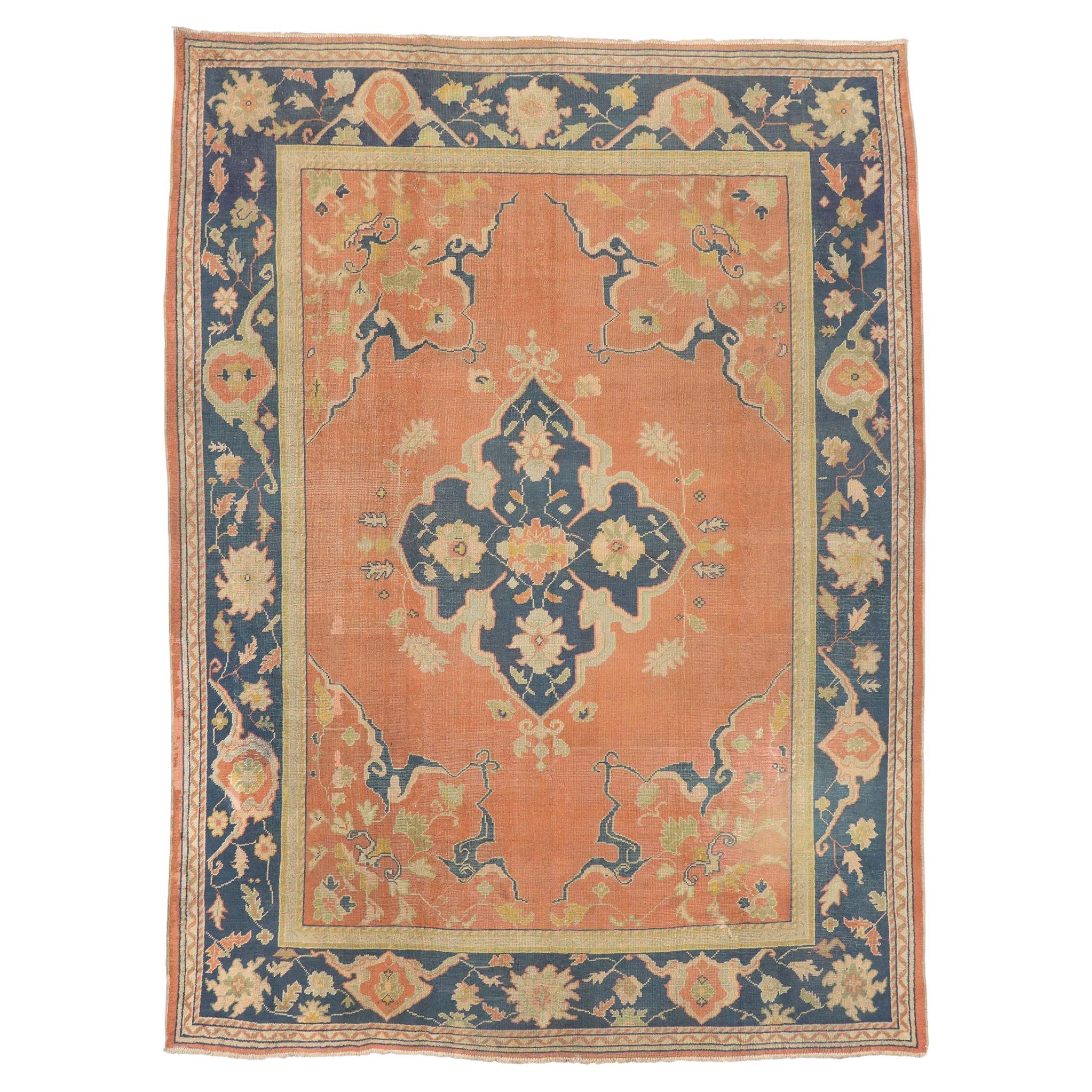 Antique Turkish Oushak Rug, Timeless Appeal Meets Mediterranean Chic For Sale