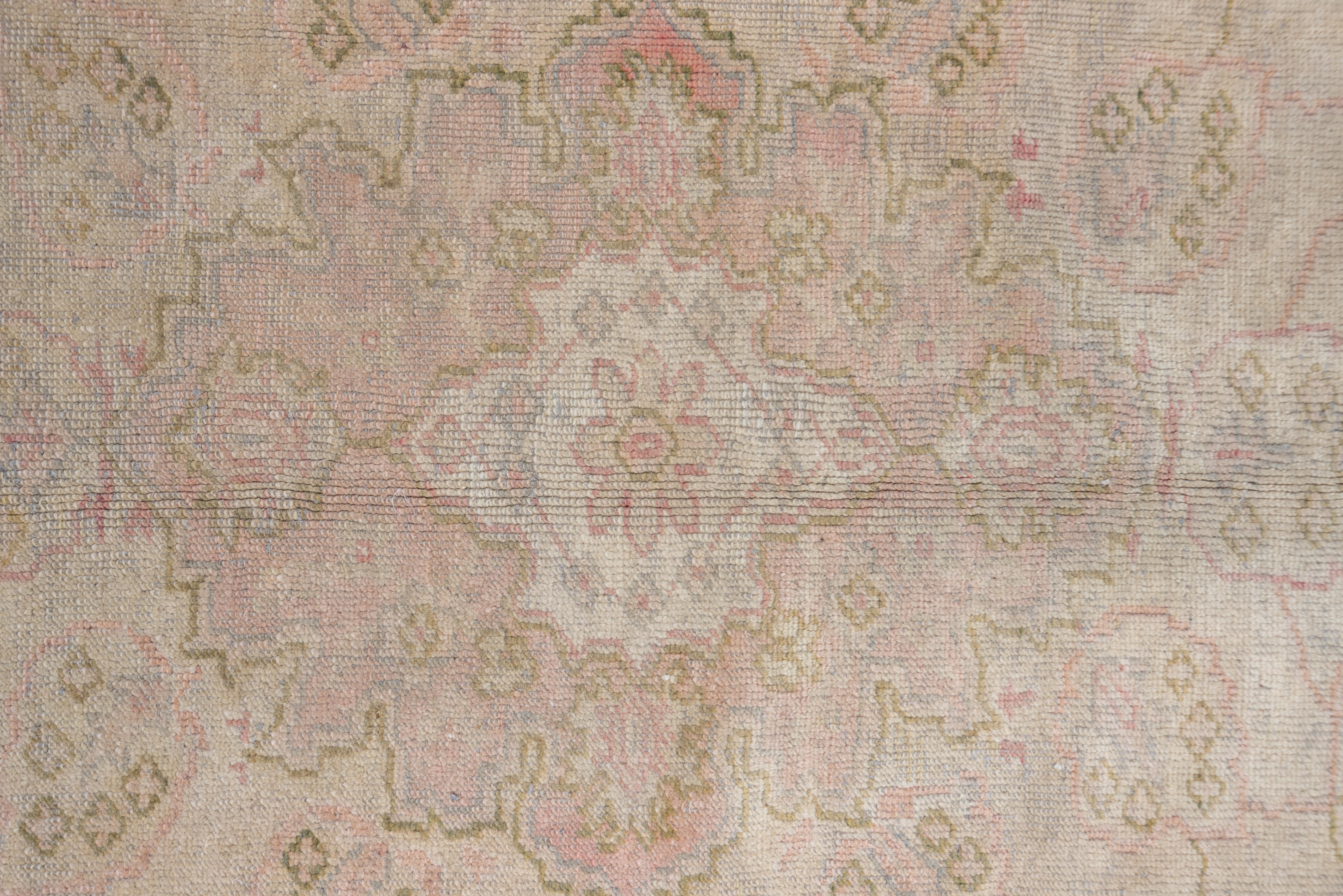 Wool Antique Turkish Oushak Rug with a Soft Palette, Light Purple and Pink Tones For Sale