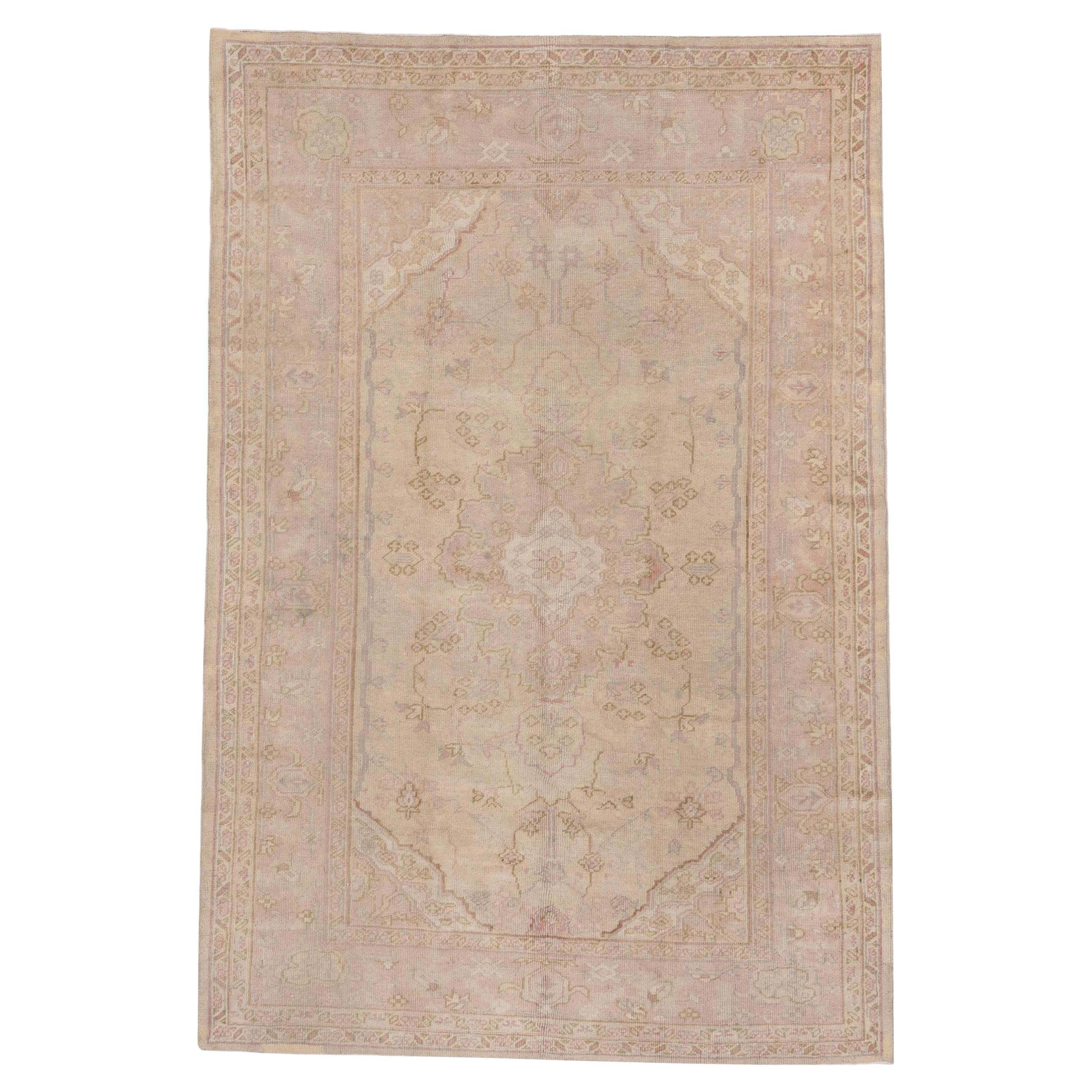 Antique Turkish Oushak Rug with a Soft Palette, Light Purple and Pink Tones For Sale