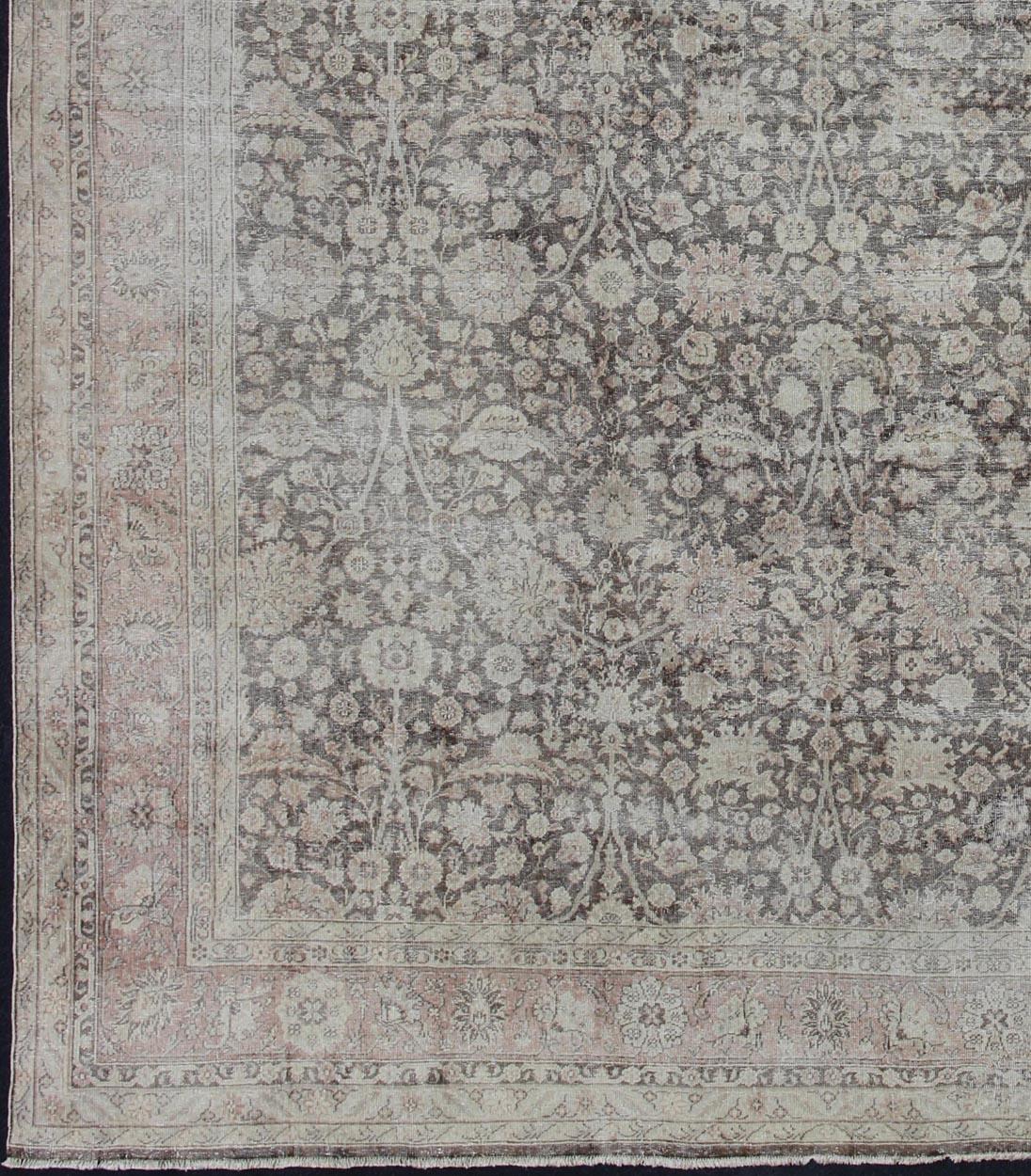 Hand-Knotted Antique Turkish Oushak Rug with All-Over Floral Design in Earth Tones For Sale